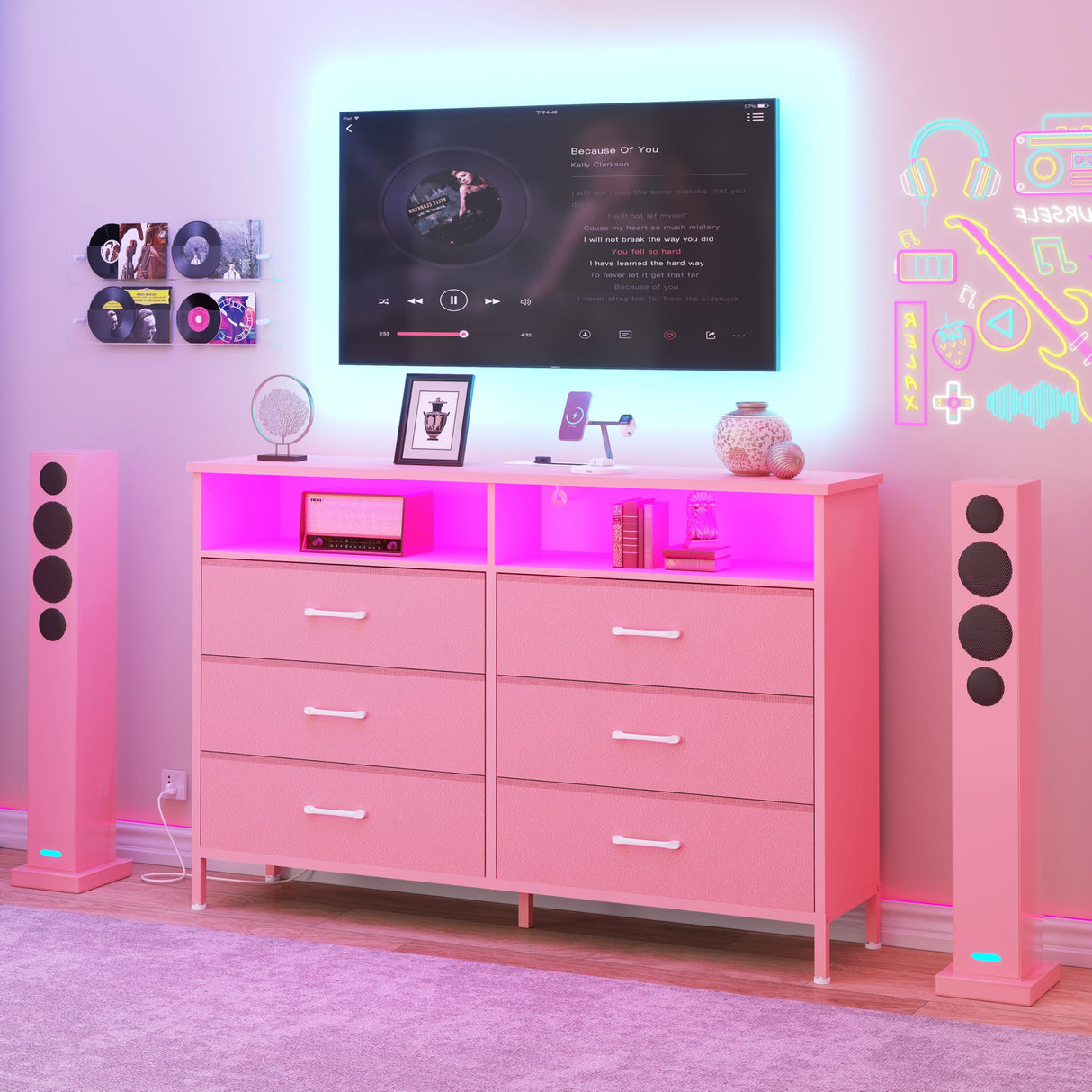 Dresser for bedroom, Pink Bedroom Dresser with LED Lights and Charging Station, 6 Long Drawers Dressers, Tall Wide Fabric Chest of Drawers Storage Organizer TV Stand for up to 60" TV for Living Room SOOWERY