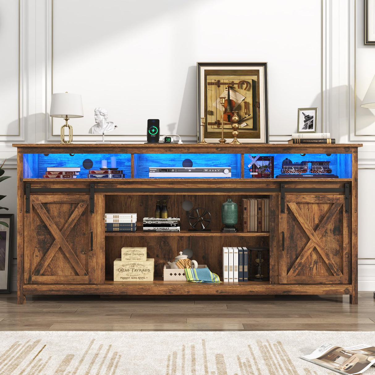 Farmhouse TV Stand for 80/75 inch TVs, Rustic Entertainment Center TV Cabinet Stands with Power Outlets, Rustic Brown Bolonbi