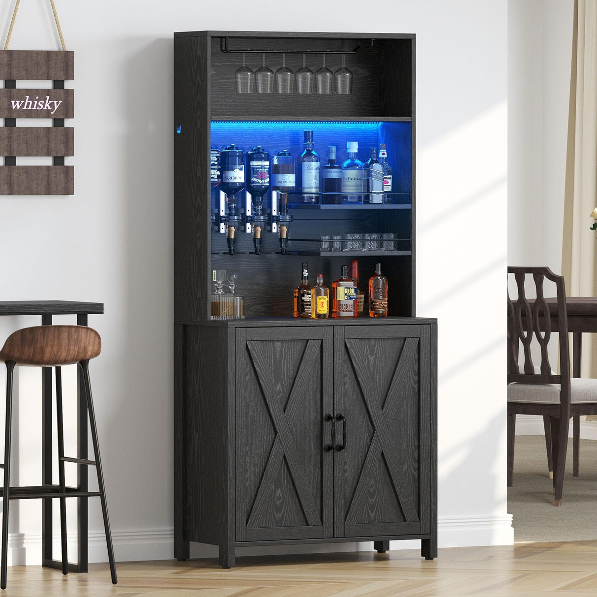 DWVO Farmhouse Bar Cabinet w/LED Lights, 71" Tall Wine Bar Cabinet for Liquor & Glasses, 4-Bottle Liquor Dispenser & Wine Rack, Kitchen Cabinet w/Storage, Black DWVO