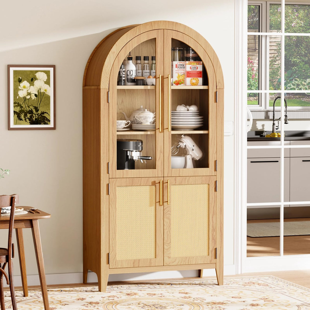 TRUNBACK 63" Arched Storage Cabinet, 5-Tier Modern Farmhouse Kitchen Pantry Cabinet with Glass & Rattan Doors, Adjustable Shelf for Living Room, Dining Room, or Office, Oak TRUNBACK