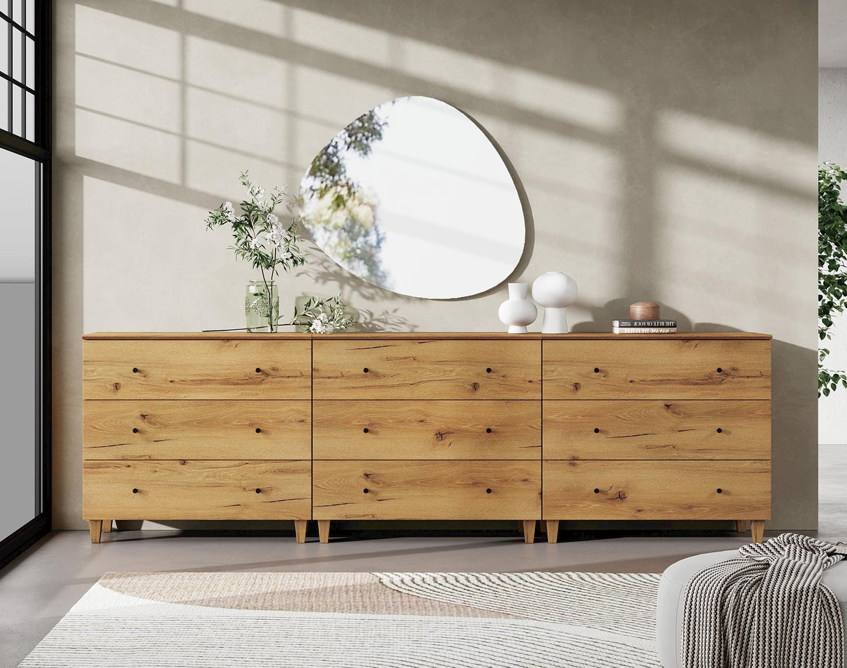 WAMPAT Dresser with 9 Drawers, Bedroom 3-in-1 Wide Wooden Chest of Drawers, Modern Long Dressers Closet Storage Organizer w/Solid Wood Legs for Living Room, Kids Room, Oak Brown,106 Inches WAMPAT