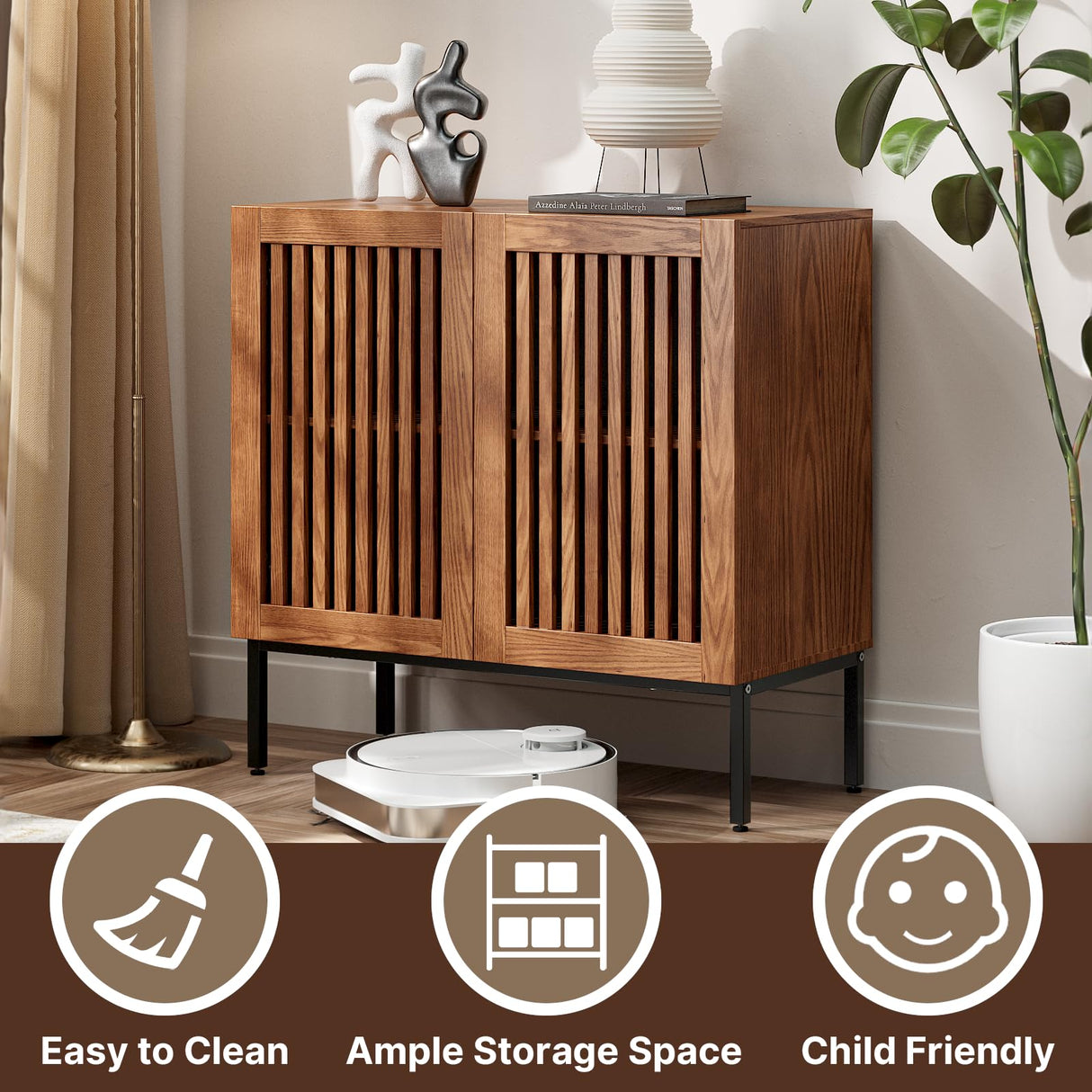 BVIUNTWO Storage Cabinet,31.5" Farmhouse Buffet Cabinet with Metal Base and Adjustable Shelf,Sideboard Coffee Bar Cabinet with 2 Doors for Kitchen,Dining Room,Living Room,Brown BVIUNTWO