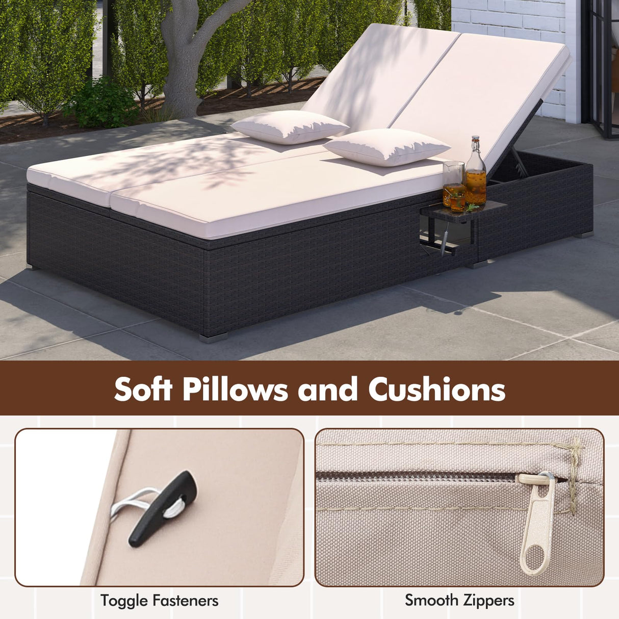 HAPPYGRILL Outdoor Patio Lounge Daybed PE Wicker Double Chaise Lounge with 6-Position Adjustable Backrests, Soft Pillows & Cushions, 2-Person Reclining Sunbed with Foldable Cup Trays HAPPYGRILL