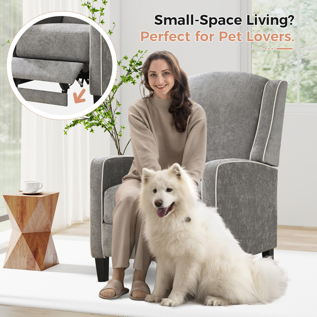 ANJ Push Back Recliner Chair, Soft Fabric Lounge Armchair,Wingback Recliner Single Sofa Chair with Steel-Reinforced Frame,Adjustable Pushback Chair for Living Room, Grey ANJ