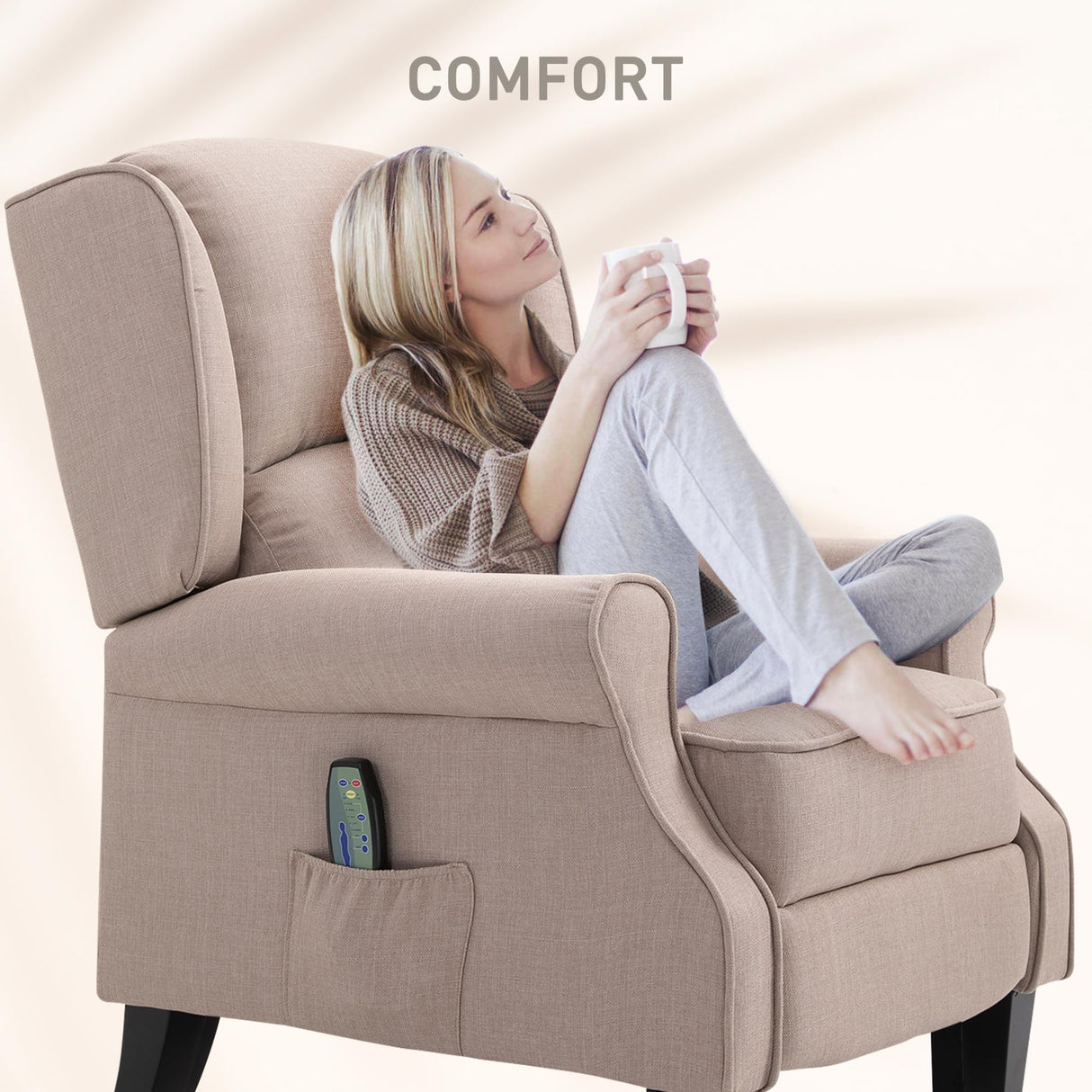 HOMCOM Vibration Massage Recliner Chair for Living Room with Heat, Wingback Single Sofa, Modern Linen Fabric Push Back Reclining Chair with Footrest, Side Pocket, Dark Beige HOMCOM