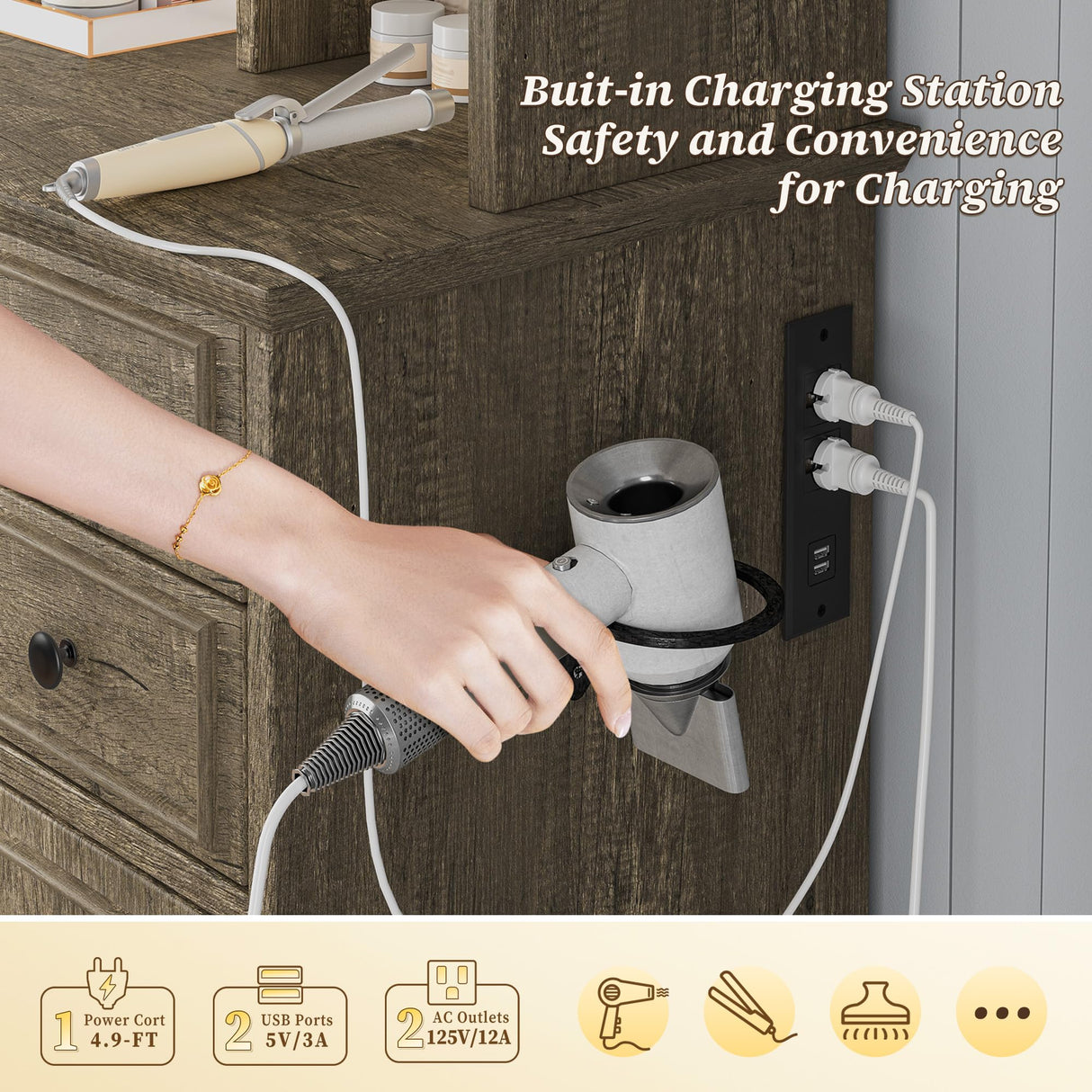 EnHomee Farmhouse Vanity Desk with LED Lighted Mirror, Makeup Vanity Table with RGB Cabinets and Lots Storage, 5 Drawers and 6 Storage Shelves for Bedroom and Dressing Room, Dark Oak EnHomee