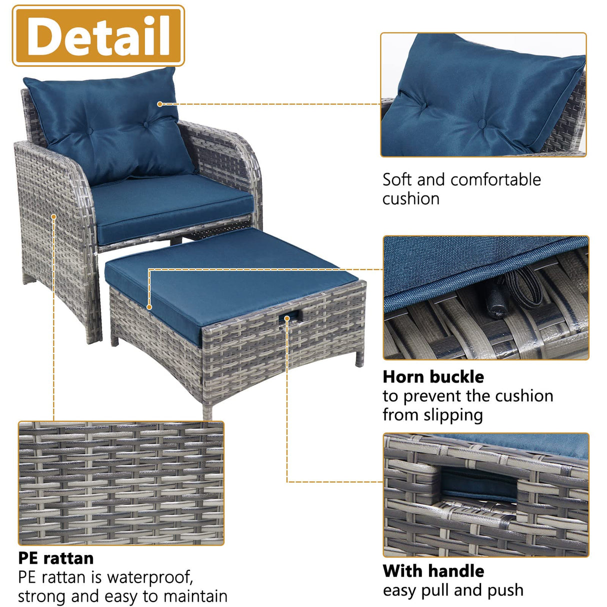 FYRICKYLINOO 5 Pieces Wicker Outdoor Patio Chairs Set with Ottoman, All Weather PE Rattan Patio Conversation Furniture Set Outdoor Furniture Set with Hidden Ottoman, Blue FYRICKYLINOO