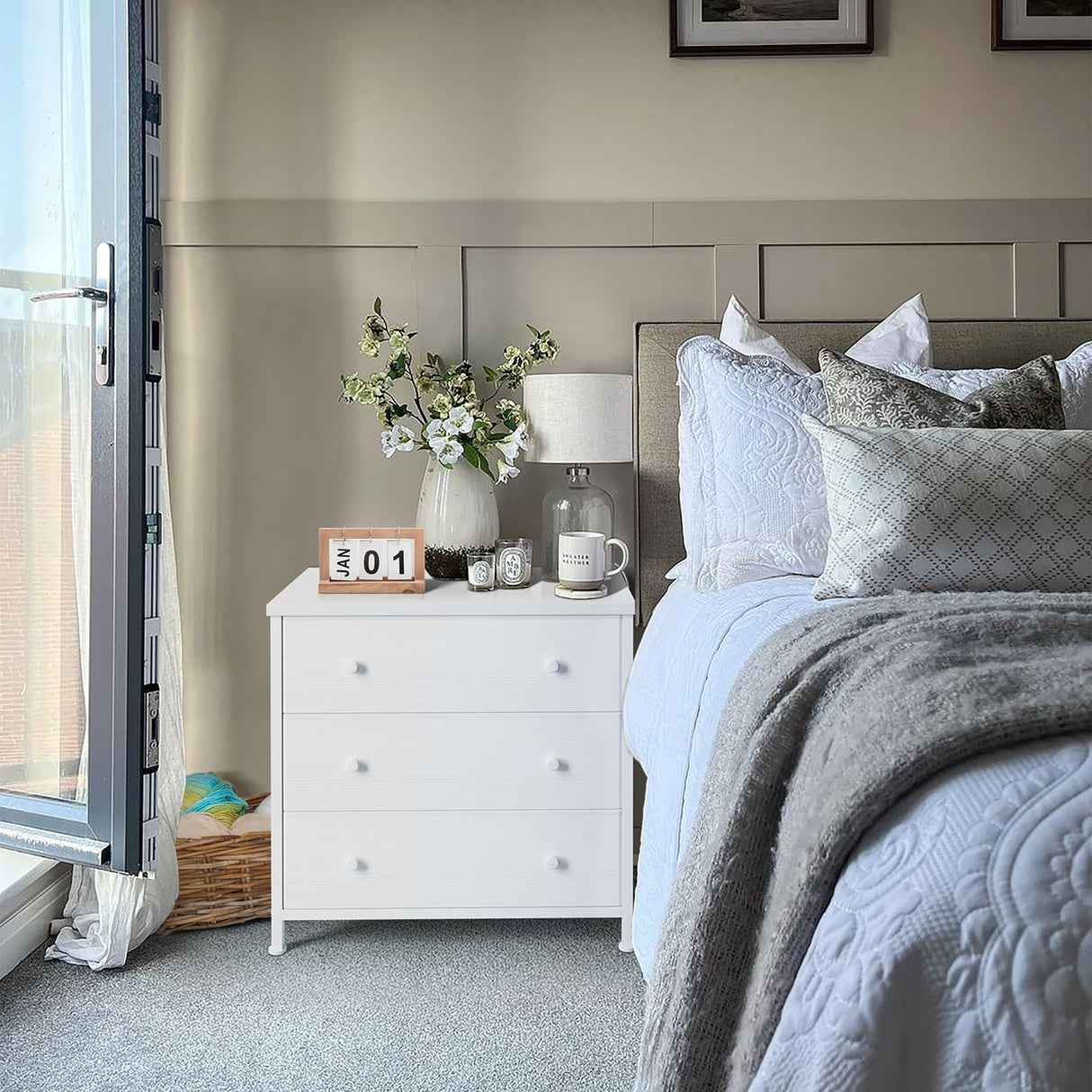 BOLUO White Nightstand with Fabric Drawers, Large Night Stand 3 Drawer Dresser for Bedroom, Closet, Girls Modern BOLUO
