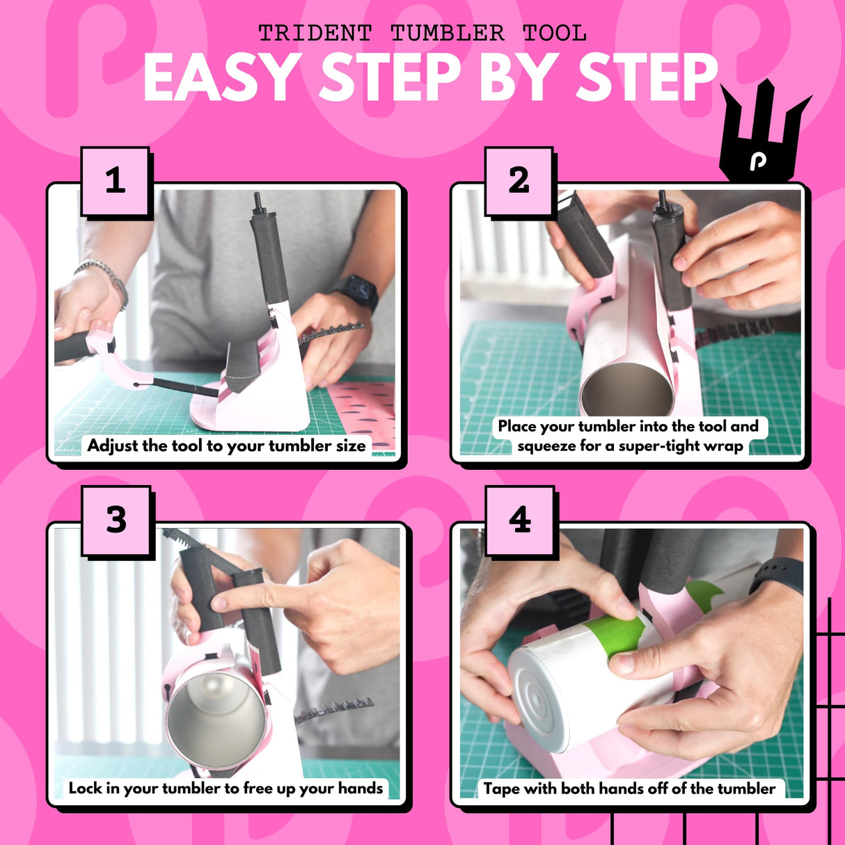 Pinch Perfect Trident Tumbler Clamp - Standard Size Adjustable Tumbler Sublimation Tool for Tumbler Sizes from 12oz - 40oz Skinny & Thick Tumblers (Pink) Pinch Perfect