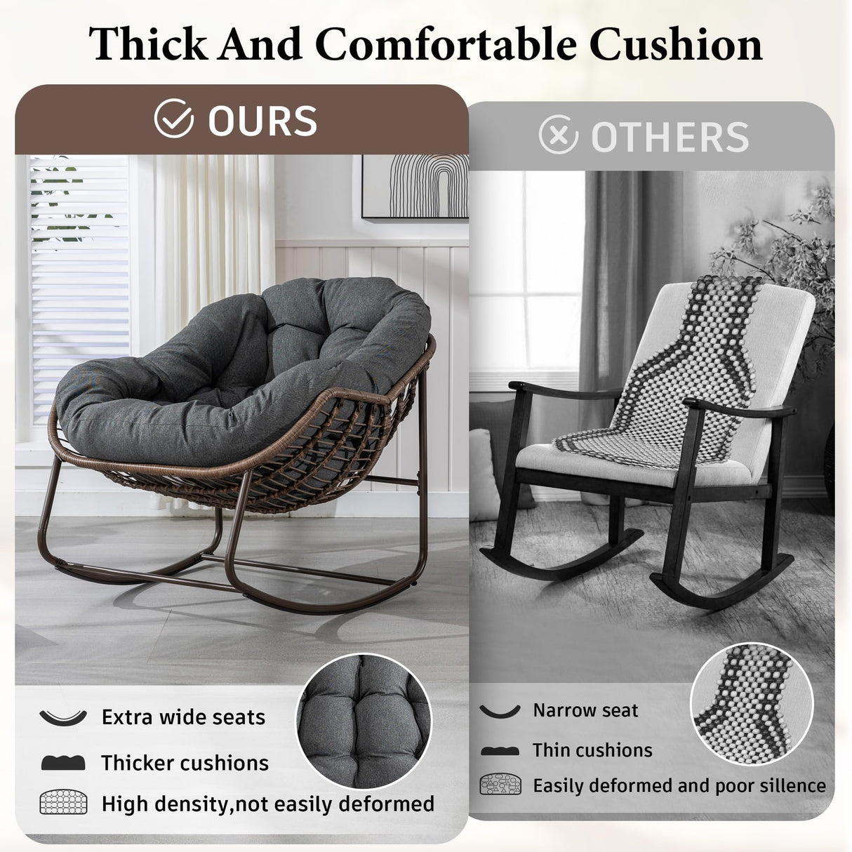 Outdoor Patio Rocking Chair, Oversized Papasan Chair with Cushion and Frame, Comfy Rattan Wicker Egg Chairs Indoor, Modern Lounge Rocker for Front Porch Living Room Bedroom (Dark Grey, Set of 1) SLEERWAY