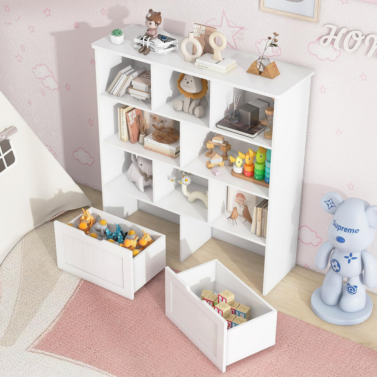 Befrases Toy Storage Organizer with Bookshelf, Large Toy Organizers and 2 Movable Drawers with Hidden Wheels and 8 Storage Cubbies, Kids Bookshelf and Toy Storage Chest, Playroom Furniture, White Befrases