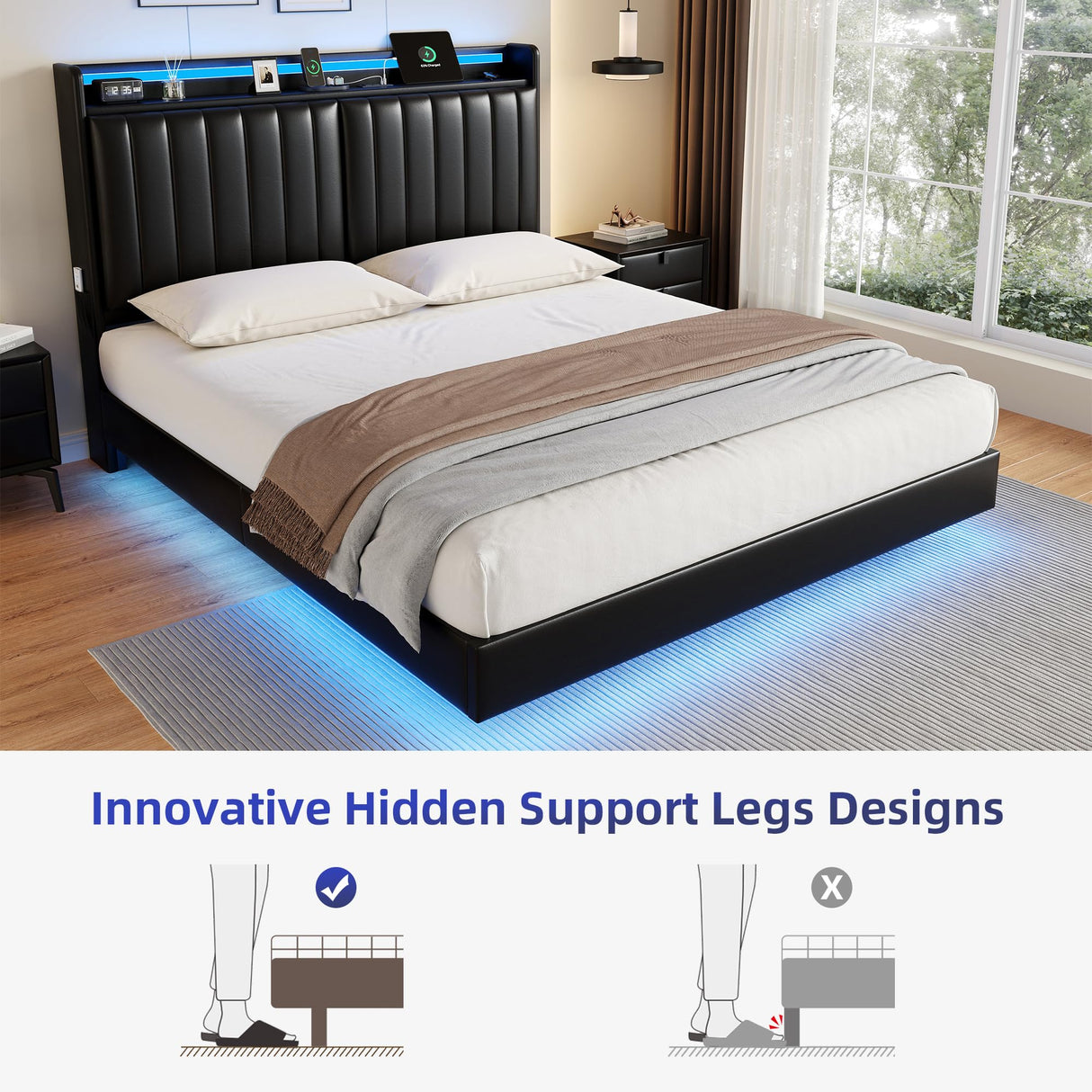 Queen Size Floating Bed Frame with Ergonomic Hidden Storage Headboard and LED Lights, Visual Floating LED Bed Frame with Charing Station, Leather Upholstered Platform Bed, No Box Spring Needed, Black Jocoevol