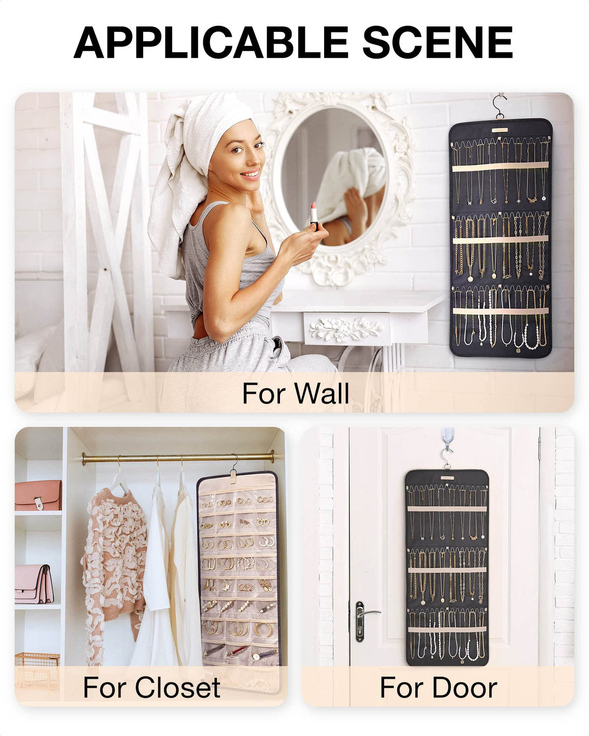 BAGSMART Hanging Jewelry Organizer Storage Roll with Hanger Metal Hooks Double-Sided Jewelry Holder for Earrings, Necklaces, Rings on Closet, Wall, Door, 1 piece, Large, Black BAGSMART