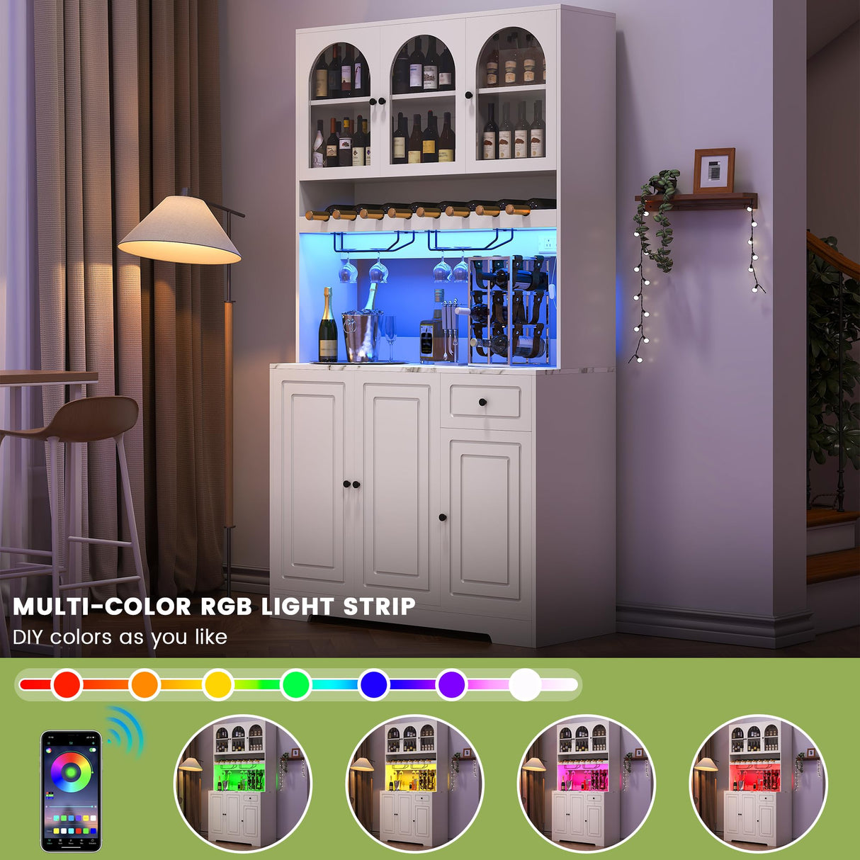 kepptory 72" Coffee Bar Cabinet w/Large Acrylic Wine Display Areas and LED, Wine Bar Cabinet with Long Rack, Storage Hutch, Faux Marble Countertop, for Home Dining Room Kitchen, White kepptory