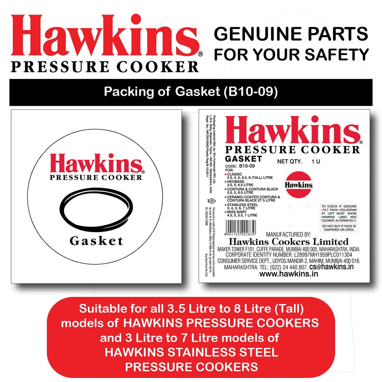 Hawkins Gasket for 3.5 to 8-Liter Pressure Cooker Sealing Ring, Medium, Black HAWKINS