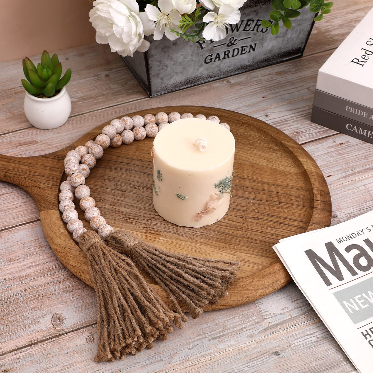 IMIKEYA Wooden Beads Garland: Farmhouse Wood Bead Garland for Tiered Tray Farmhouse Beads Hanging Wood Bead Garland with Tassels Prayer Rustic Beads for Coffee Table Decor IMIKEYA