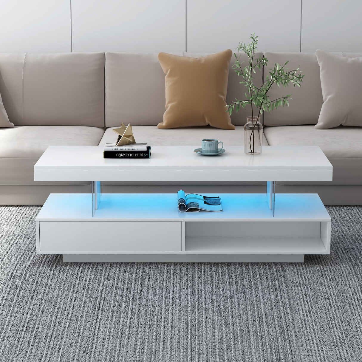 LZ LEISURE ZONE White Coffee Table, Modern LED Coffee Table with 16 Colors LED Lights, Rectangle Coffee Table with 2 Storage Drawers, Center Table with High Gloss UV Surface for Living Room LZ LEISURE ZONE