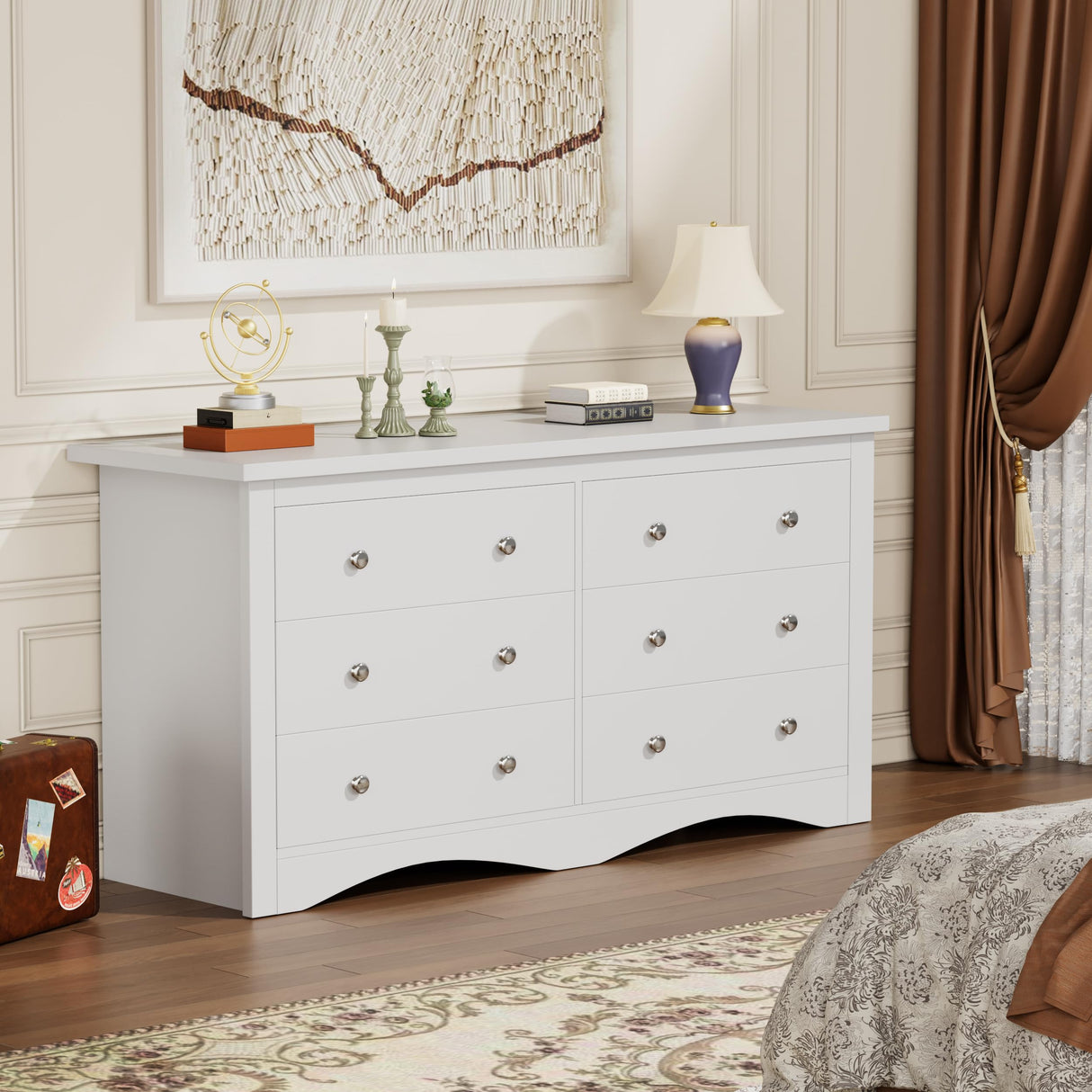 YESHOMY Dresser for Bedroom with 6 Drawers, Modern Chest of Drawers, Wooden Dressers, TV Stand for Living Room,Closet, Hallway (White)