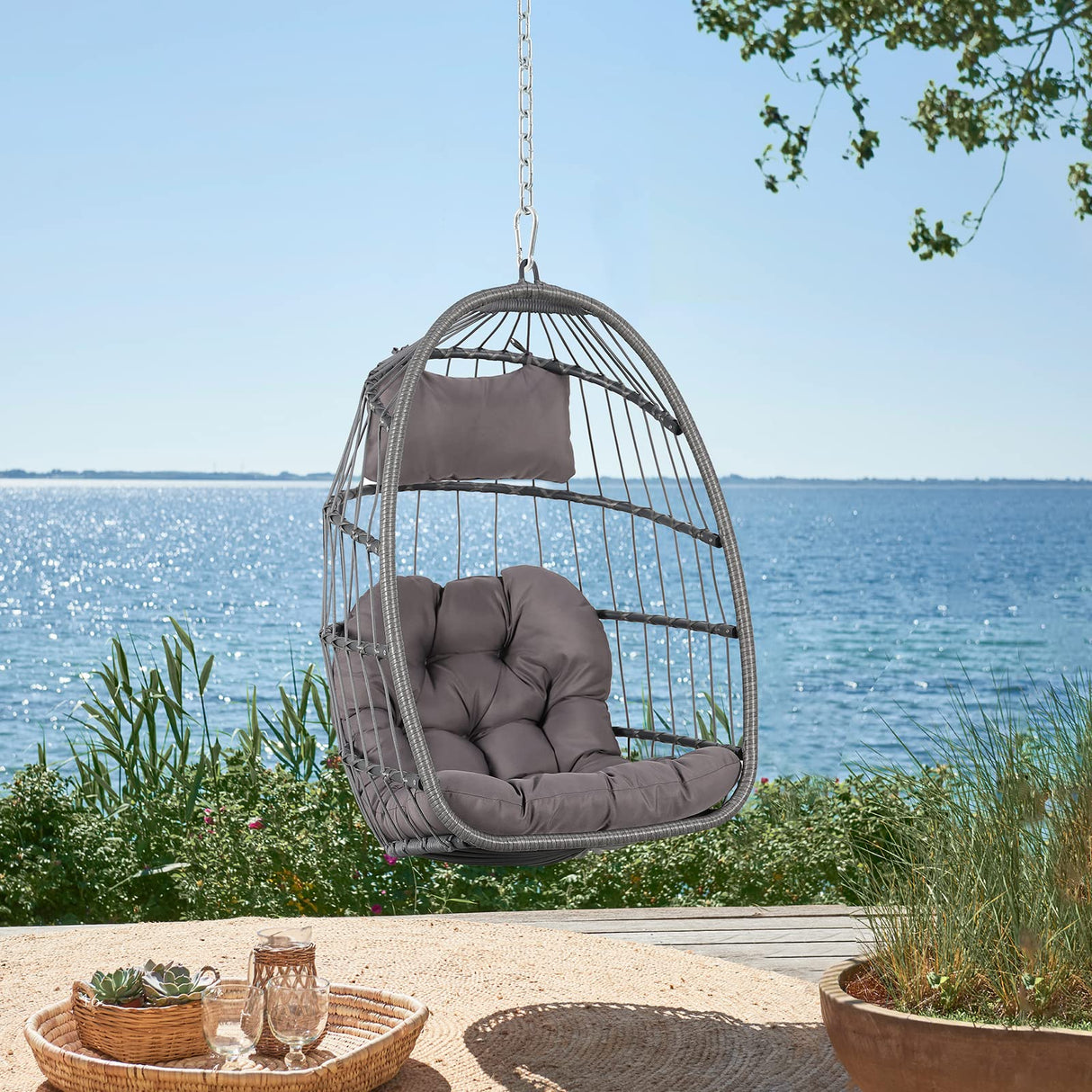Patiorama Indoor Outdoor Egg Swing Chair Without Stand, Patio Wicker Rattan Hanging Chair w/Cushion, 350lbs Capacity, All Weather Foldable Hammock Chair Basket Chairs for Bedroom, Porch (Dark Grey) Patiorama