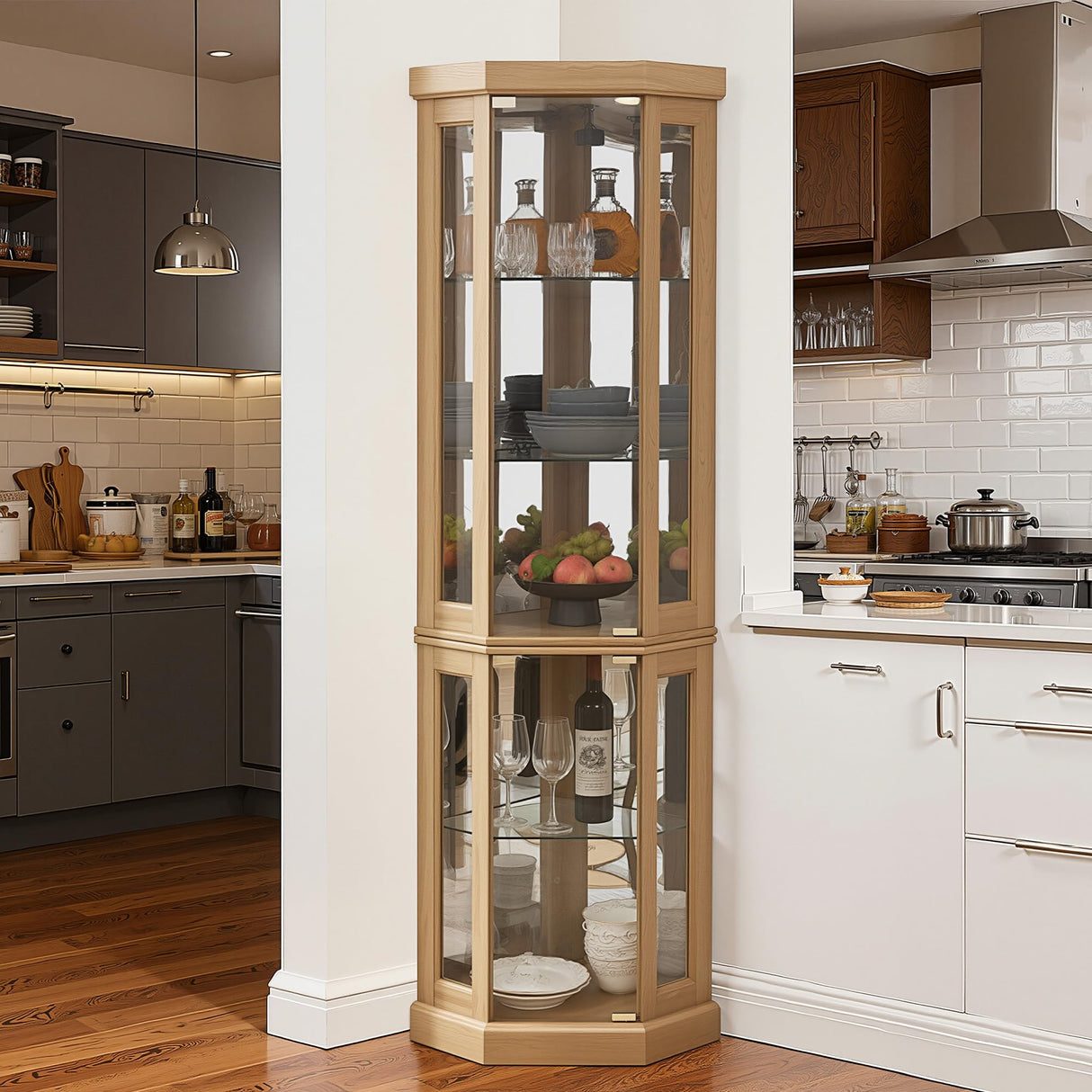 Casaphoria Curio Cabinet, Corner Cabinet for Collectibles, Trophies & Glassware, Corner Glass Display Cabinet, Durable Wood Construction & Tempered Glass, Golden Oak Casaphoria