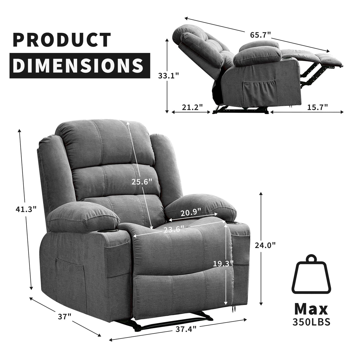 GarveeHome Wide Manual Recliner Chair for Adults – Widen Oversize Overstuffed Breathable Fabric Lounge Chair with 3 Angle Modes 2 Cup Holders Side Pockets GarveeHome
