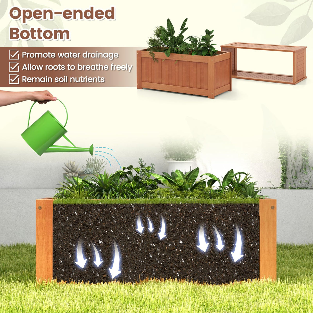 Giantex 2-in-1 Outdoor Bench, Wood Raised Garden Bed with Open Base, Teak Oil Finish, Rectangular Deep Planter Boxes for Flowers Fruit Vegetable, Bench Seat for Porch Yard Balcony Lawn Giantex