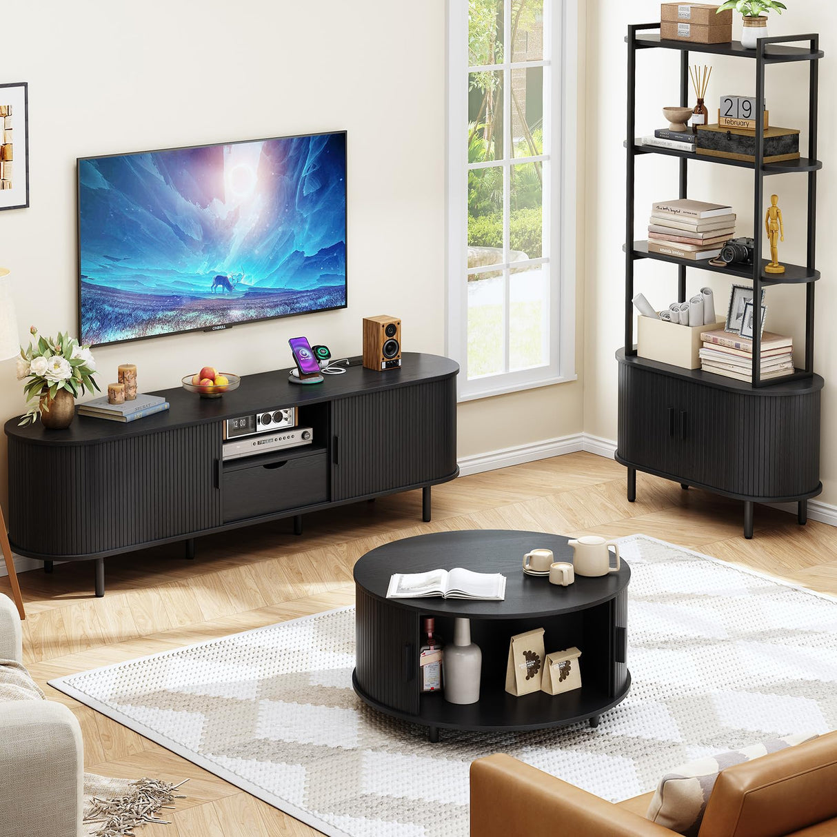 ONBRILL 69" TV Stand with Power Outlet for TVs up to 80", Entertainment Center with Storage and Drawer, TV Console with Adjustable Shelves and Sliding Door, TV Stand for Living Room, Bedroom, Black ONBRILL
