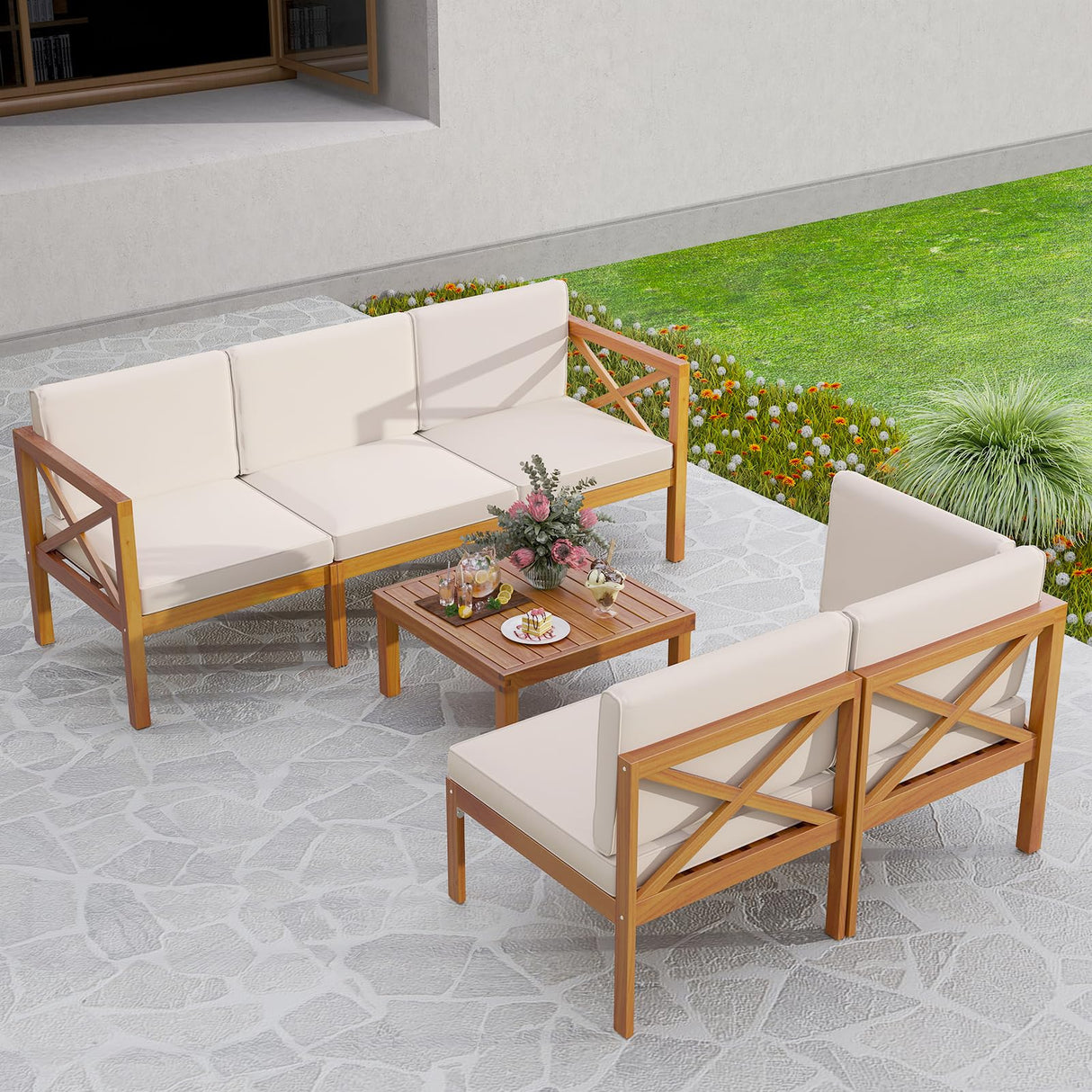 Tangkula 6 Pieces Acacia Wood Patio Furniture Set, Outdoor Sectional Conversation Set with Cushions and Coffee Table, L Shaped Corner Sofa Set for Garden, Porch, Poolside and Backyard (Off White) Tangkula