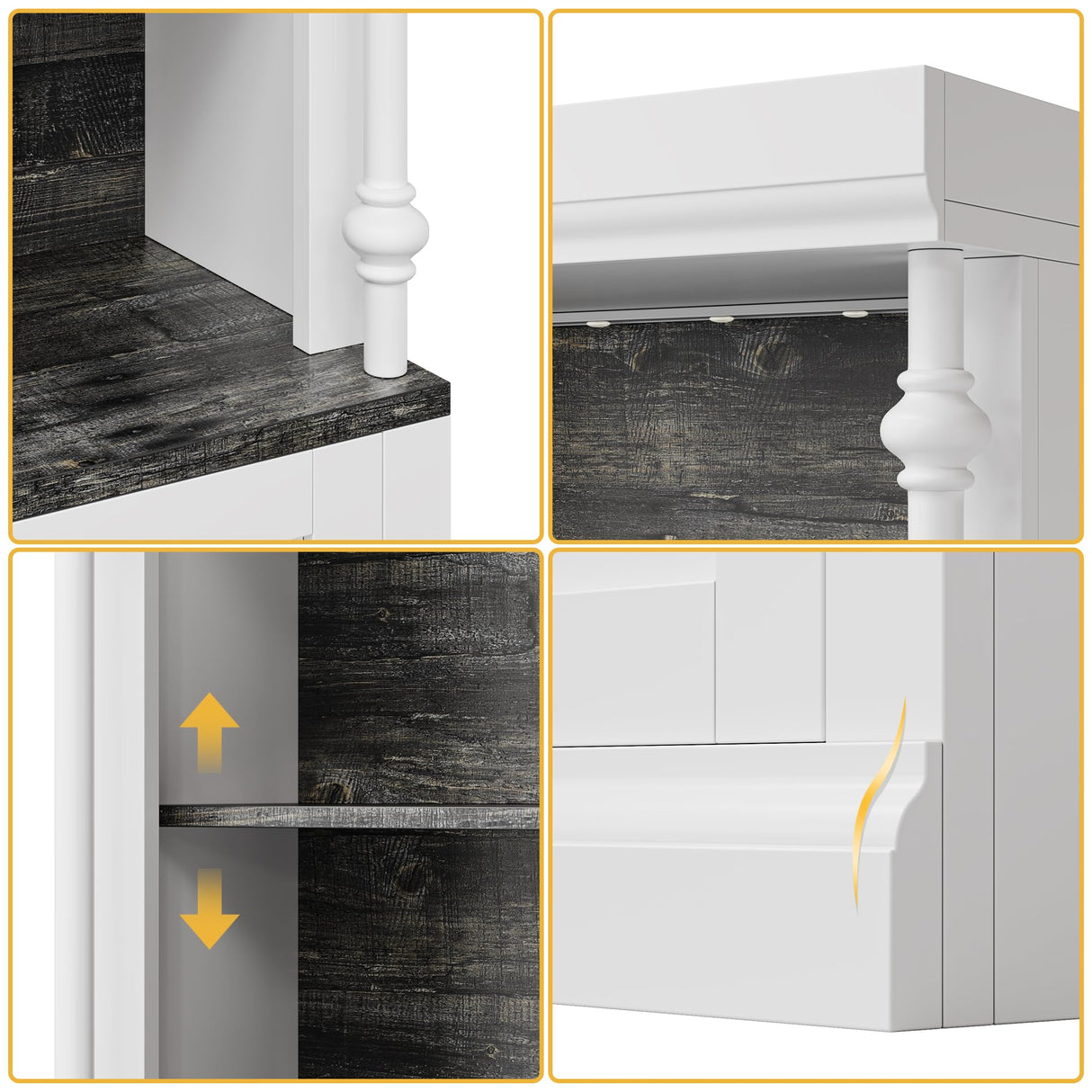 GarveeHome Tall Storage Bookcase with 3-Tier Open Shelves and Double Door, Roman Column Design and 4 Adjustable Lights, White & Black Wood Grain Display Storage Cabinet for Home Office, Living Room GarveeHome