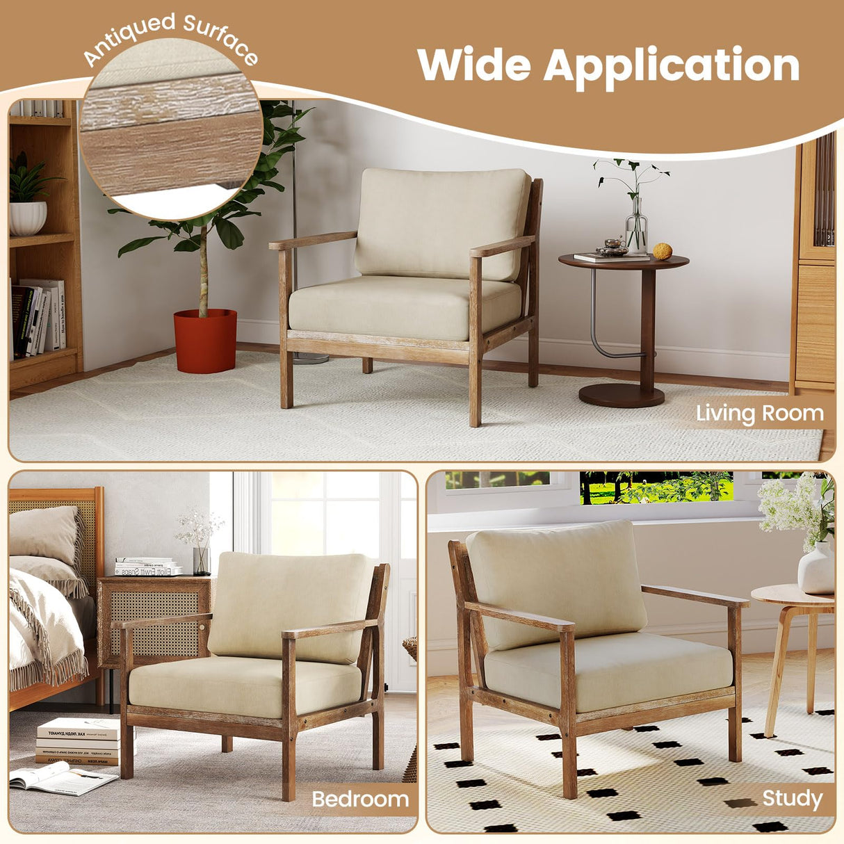 GOFLAME Mid-Century Modern Accent Chair, Upholstered Armchair with Solid Wood Frame, Linen Fabric Comfy Reading Chair, Farmhouse Leisure Chair for Living Room, Bedroom, Sunroom, Hosting Room GOFLAME