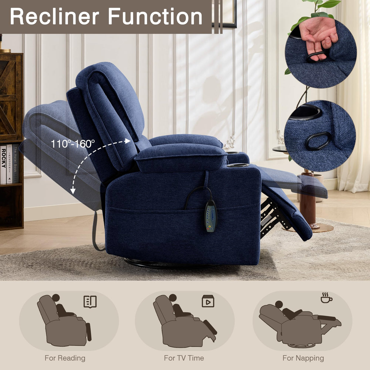 LOUVIXA Swivel Glider Recliner Chair for Adults,Manual Recliner with Massage and Heat, Linen Cotton Fabric Ergonomic Lounge Chair with Cup Holder for Living Room, Bedroom, Nursery (Navy Blue) LOUVIXA