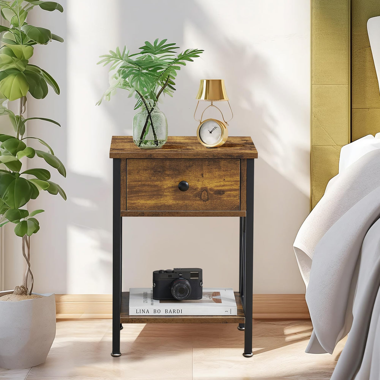 VECELO Nightstand,Modern Bedside End Table, Night Stand with Drawer and Storage Shelf for Living Room Bedroom, Industrial Metal Frame VECELO