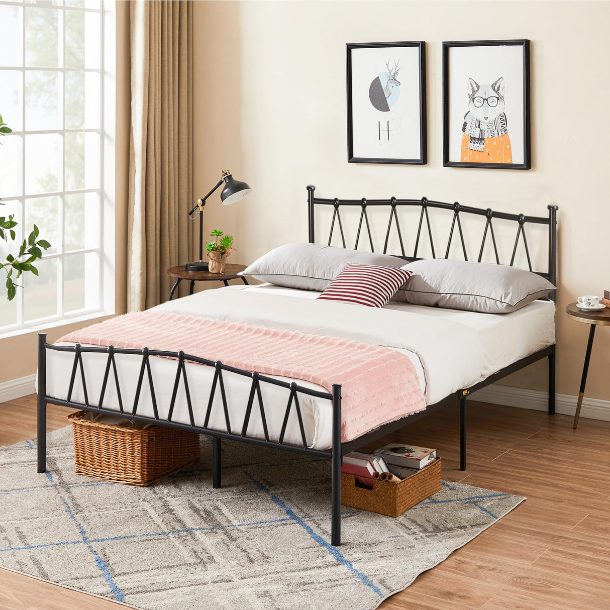 VECELO Queen Size Bed Frame, Bohemian Style Headboard,Queen Platform Mattress Base/Underbed Storage Space/No Box Spring Needed, Heavy Duty Bed Frame, Black VECELO