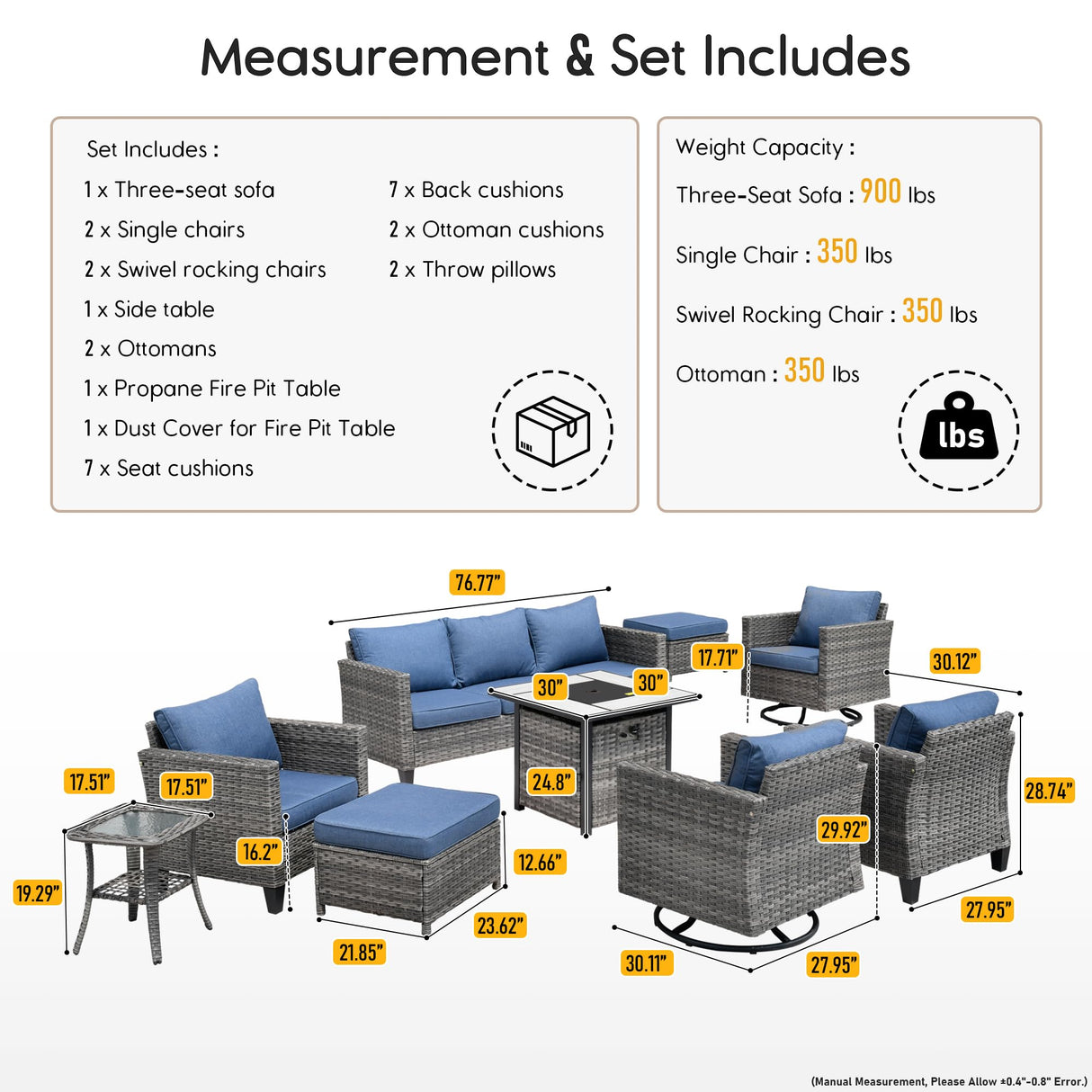 HOOOWOOO Patio Outdoor Conversation Set with Fire Pit Table,9 Piece Modern Outside Furniture with Swivel Rocking Chairs,PE Wicker Out Door Furniture Sofa and Ottoman Set(Denim Blue) HOOOWOOO