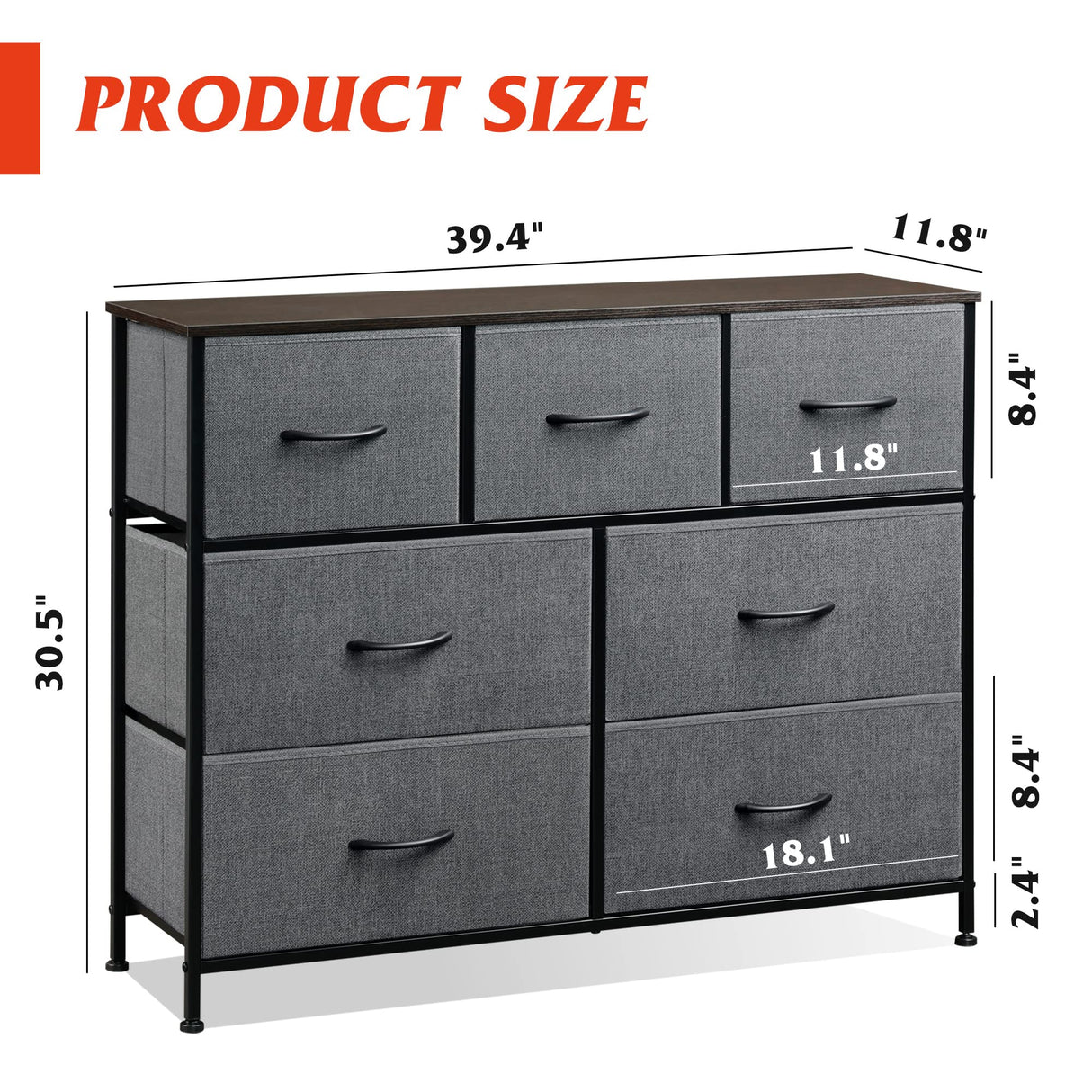 WLIVE Dresser TV Stand, Entertainment Center with Fabric Drawers, Media Console Table with Metal Frame and Wood Top for TV up to 45 inch, Chest of Drawers for Bedroom, Dark Grey WLIVE