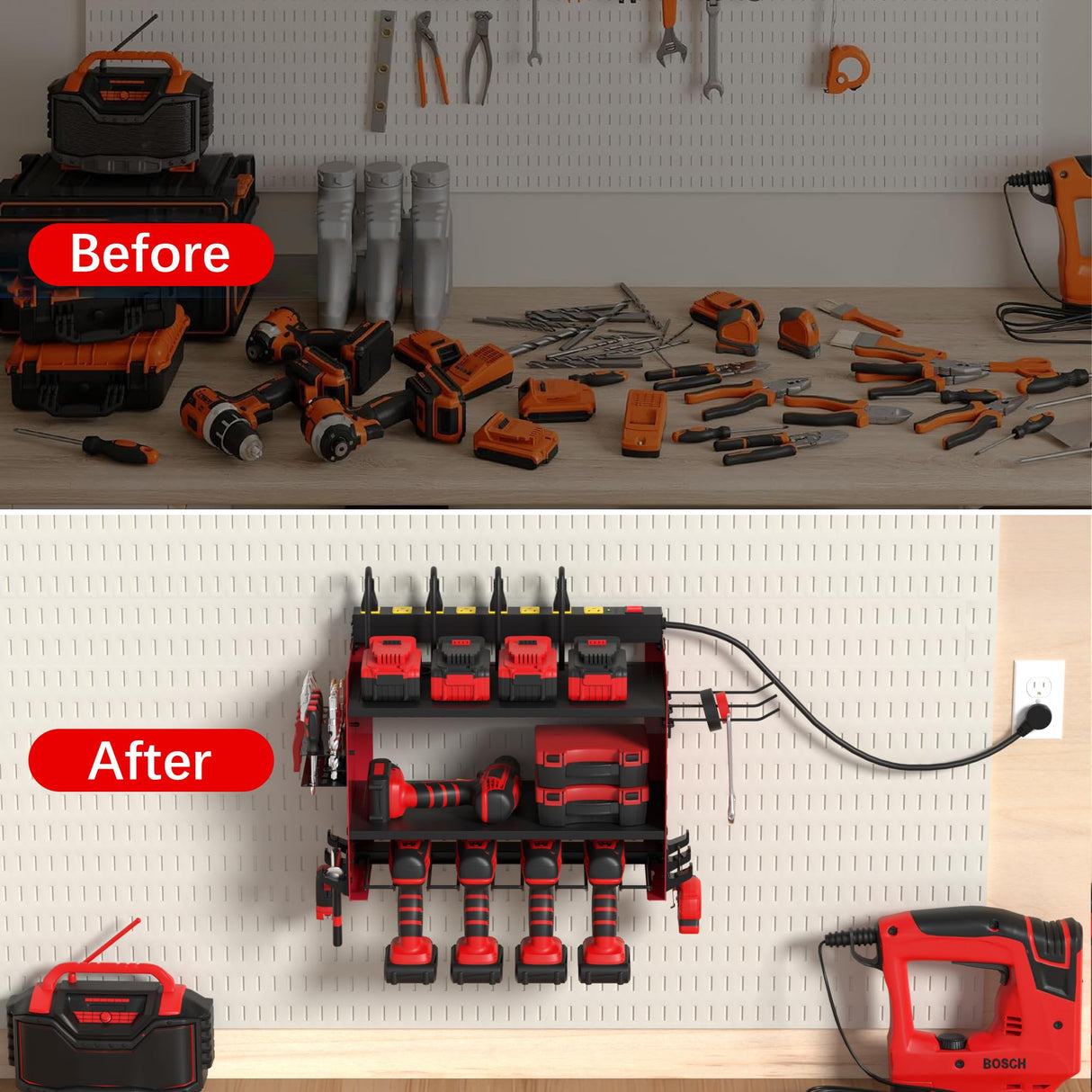 CFMASTER Power Tool Organizer Wall Mount wtih Charging Station,4 Drill Holder Wall Mount with 8 Outlet Power Strip,3 Layers Heavy Duty Tool Rack with Hooks,Screwdriver Organizer in Workbench,Garage CFMASTER