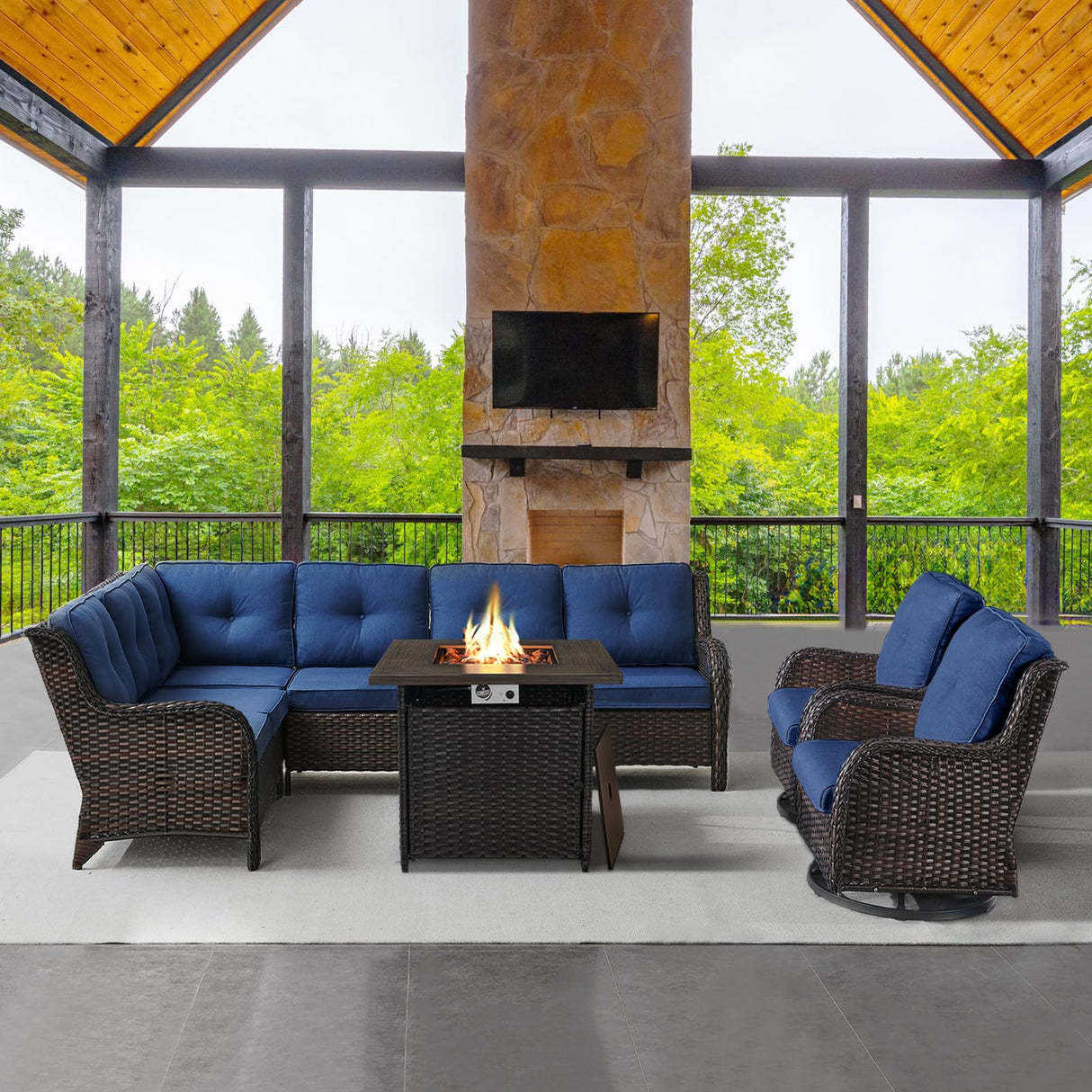 Belord Outdoor Sectional Furniture Sofa Set with Propane Fire Pit Table, Wicker Patio Conversation Set with 2 Swivel Rocker Glider Chairs Blue Cushion Perfect for Backyard Casual Gathering Belord