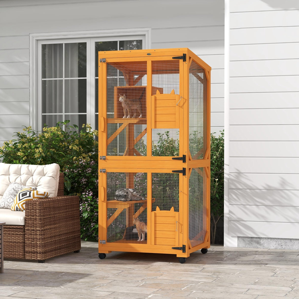 PawHut Wooden Catio with Waterproof Roof, Large Cat House with High-Up Resting Box, Indoor & Outdoor Cat Enclosure with Wheels, for 1-3 Cats, Orange PawHut