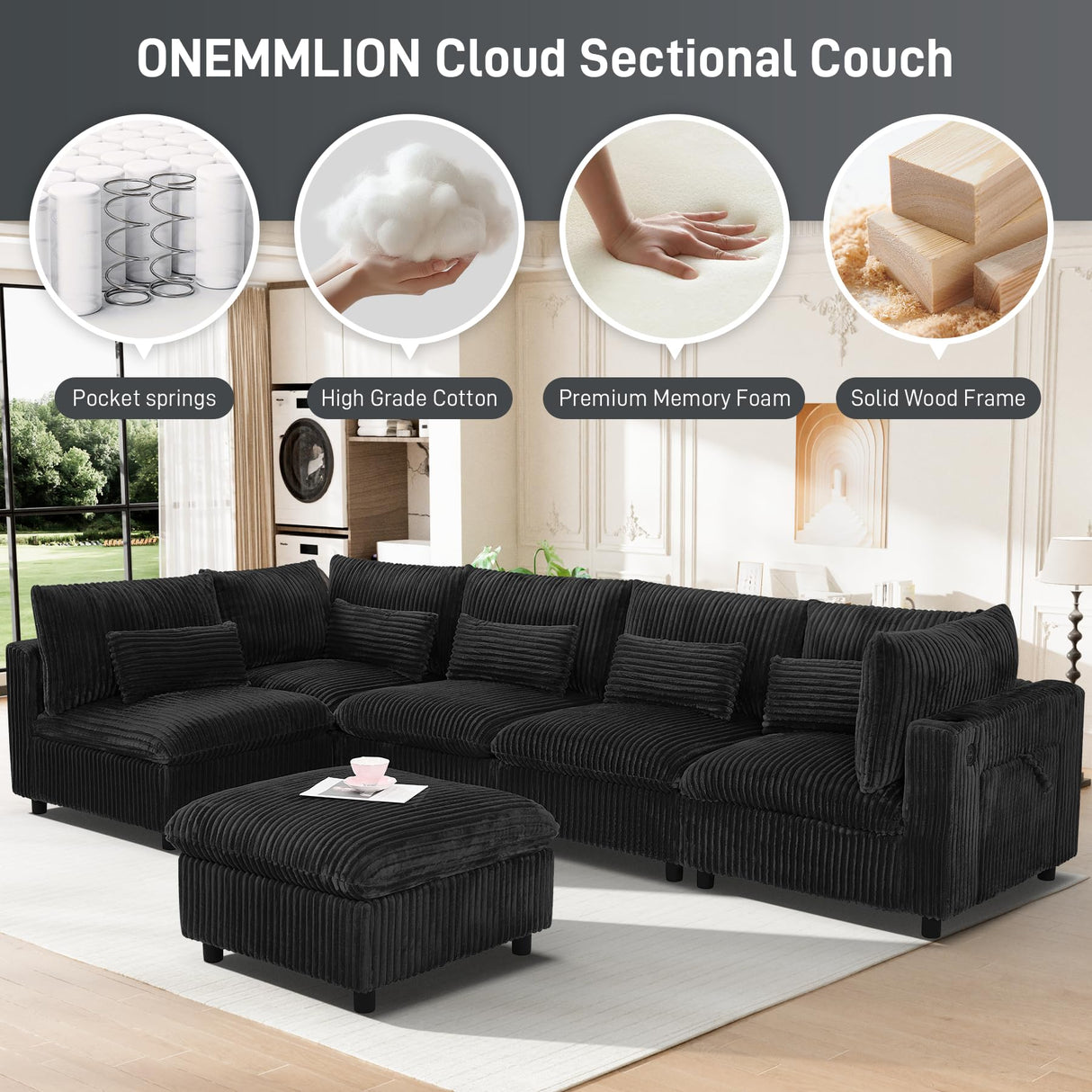 130" Oversized Cloud Couch Large Modular Sectional Sofa Modern U Shaped Sectional Couch 6 Deep Seat Sofa Set for Living Room Comfy Plush Corduroy Cloud Sofa with Ottoman, USB Port, Cup Holder, Black ONEMMLION