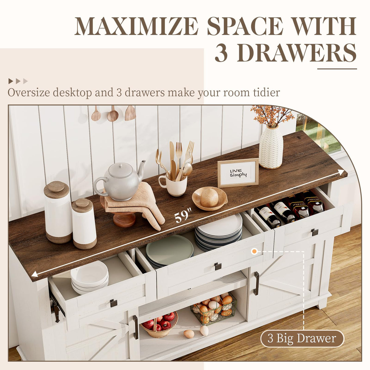 LUXOAK Farmhouse TV Stand with Sliding Barn Door & Drawer, 59" Rustic Entertainment Center for TVs up to 65", Buffet Storage Cabinet for Living Room, Bedroom, Dinning Room, White+Barnwood LUXOAK