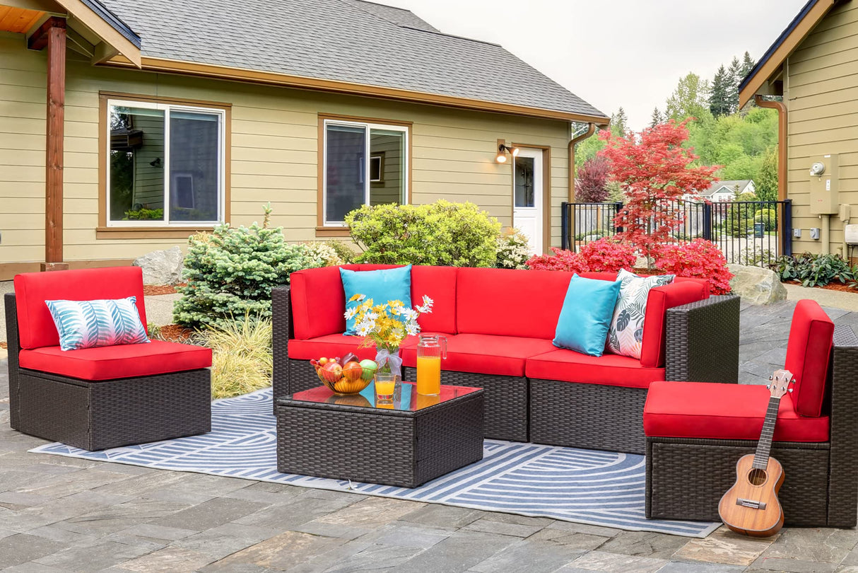 Vongrasig 6 Piece Small Patio Furniture Sets, Outdoor Sectional Sofa All Weather PE Wicker Patio Sofa Couch Garden Backyard Conversation Set with Glass Table,Red Cushions and Blue Pillows (Red) Vongrasig