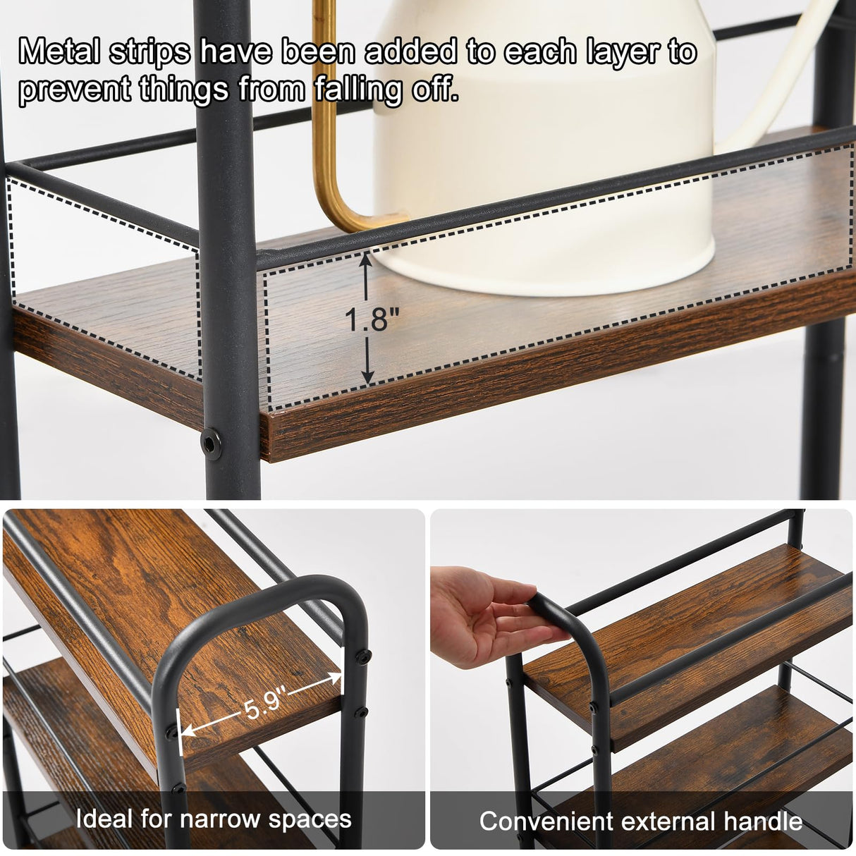 Slim Storage Cart, 4 Tier Rolling Utility Cart on Wheels, Narrow Shelving Unit Cart for Small Spaces in Kitchen, Dining Room, Bathroom, Laundry Room Rustic Brown and Black Asgolion