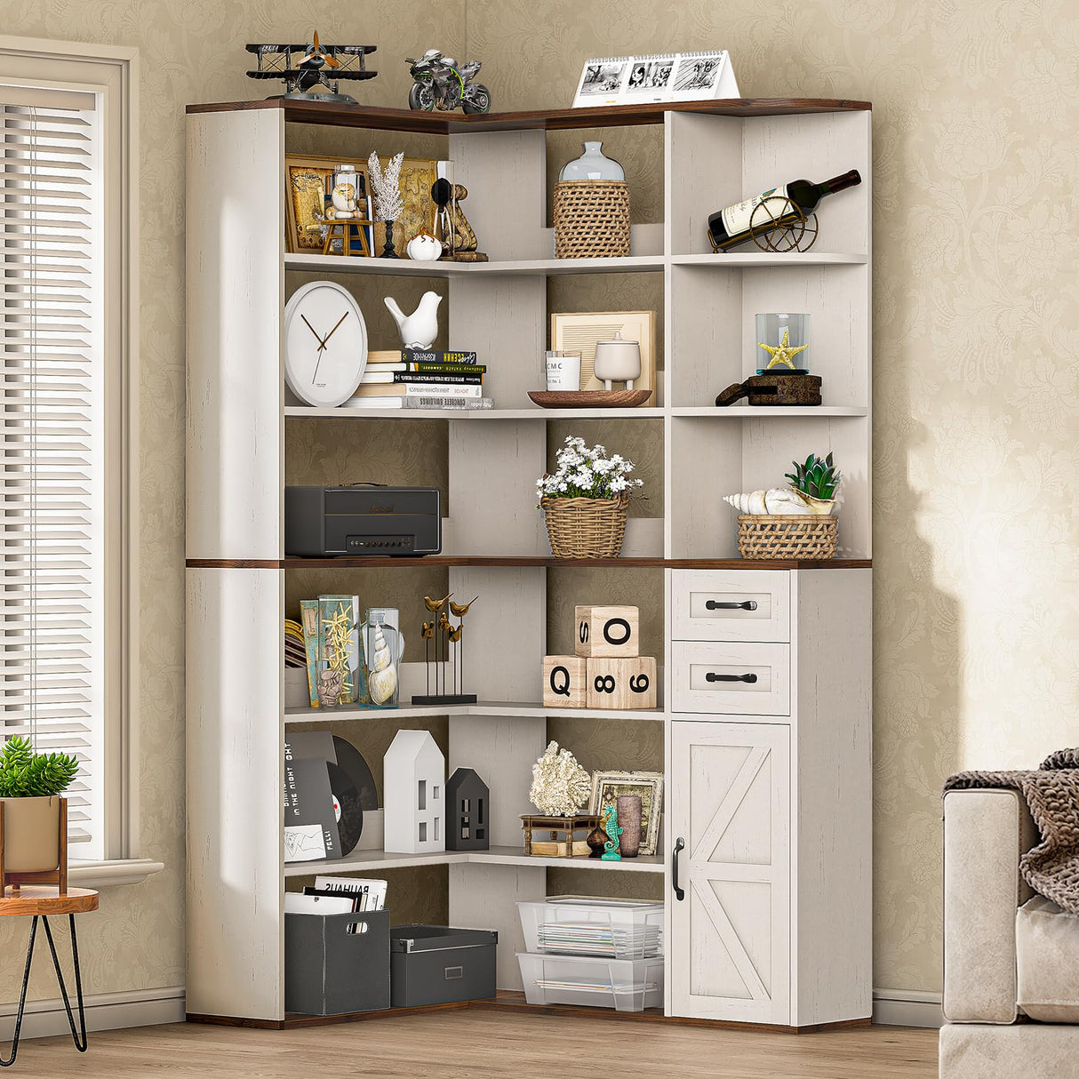 UPOSOJA 7-Shelf Farmhouse Corner Bookshelf with Lockers & Drawers, 71" L-Shaped Large Storage Shelf Display Rack for Bedroom, Living Room, Home Office (White Brown) UPOSOJA