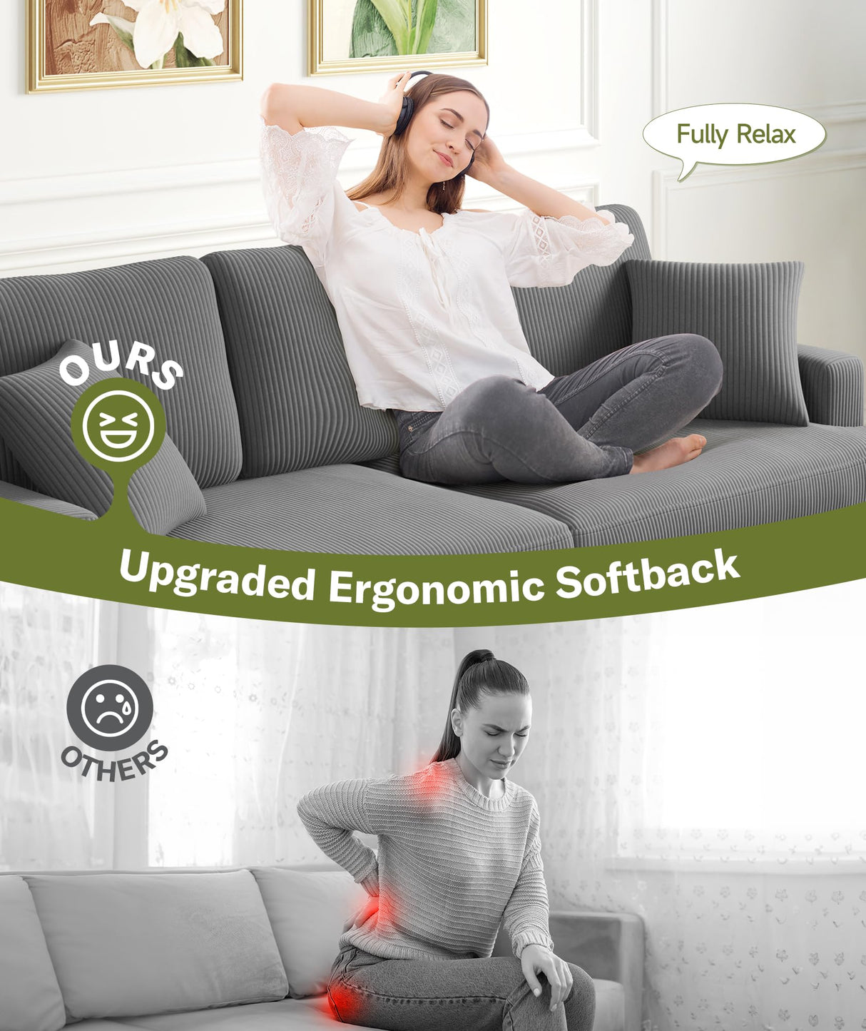 Kidirect 87in Corduroy Couch, Sofas for Living Room No Tool Assembly, Comfy Couches for Living Room 21in Deep Seats, Oversized Loveseat Sofa with 2 Pillows, 3 Seater Couch for Bedroom,Grey Sofa Kidirect