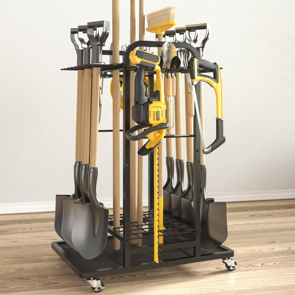 SOYEEZE Garden Tool Organizer with Lockable Wheels, Heavy Duty 3-Tier Yard Tower Tool Rack for Garage, Holds Up to 35 Long-Handled Tools, Garden Tool Cart with 12 Hooks for Tool Organization Storage SOYEEZE