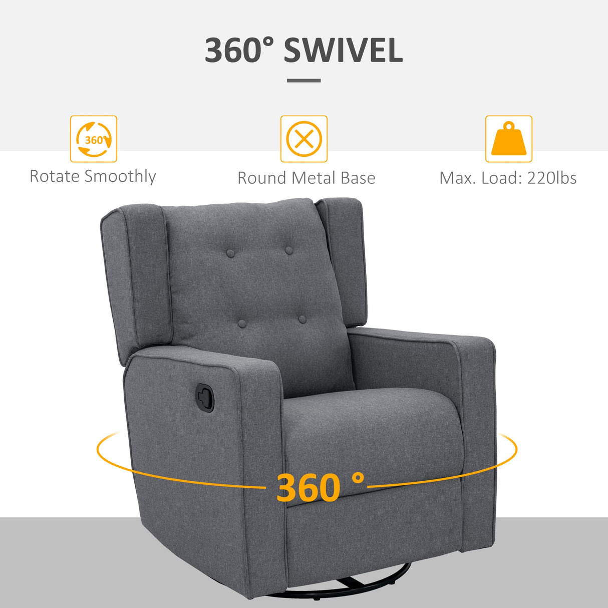HOMCOM Wingback Swivel Recliner Chair Glider Rocking Chair for Nursery with Button Tufted, Padded Single Home Theater Seater for Living Room Bedroom, Grey HOMCOM