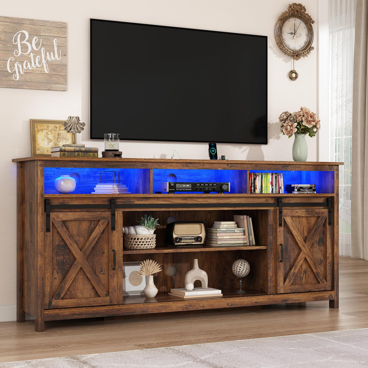70" LED Farmhouse TV Stand for 80/75/70 Inch TVs,Tall Entertainment Center Storage Cabinets w/Power Outlets and Sliding Barn Door,Rustic TV Stands for Living Room,Media Console Cabinet (Brown) Hlivelood
