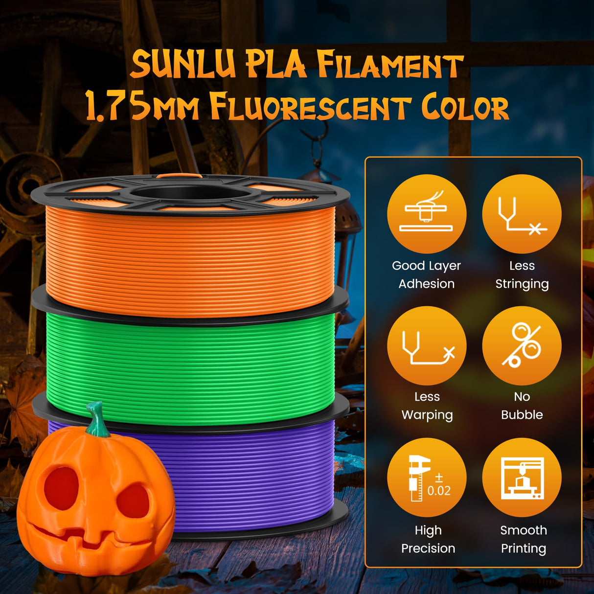 SUNLU 4KG Fluorescent PLA 3D Printer Filament Bundle, PLA Filament 1.75mm, Fit for Most FDM 3D Printer, 1kg Spool, 4Packs, Fluorescent(Purple+Orange+Yellow+Green) SUNLU