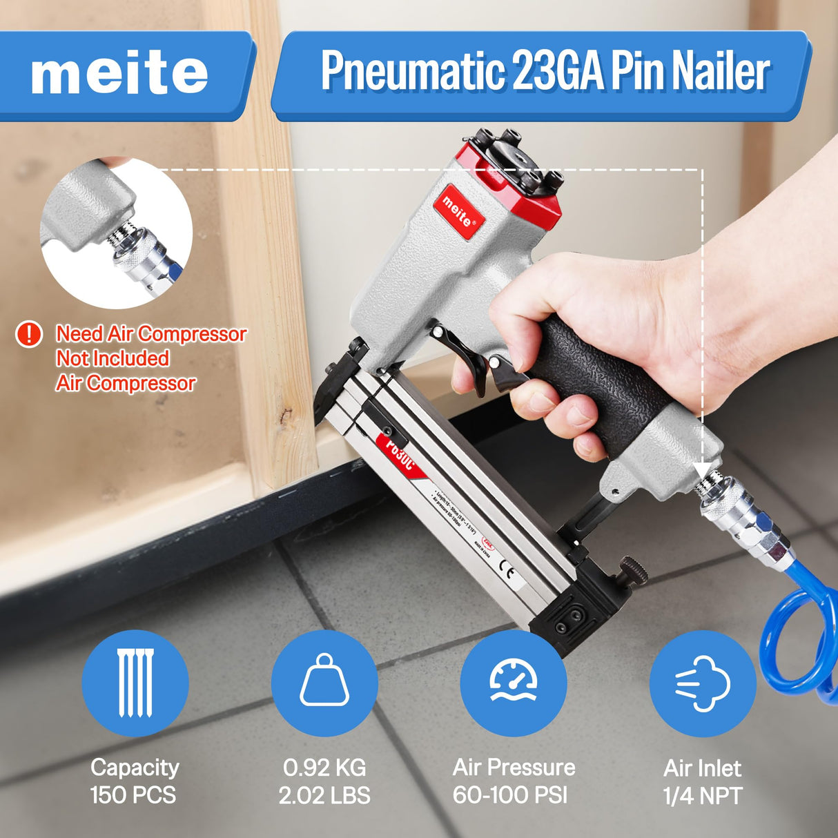 meite P630C Pin Nailer, Pneumatic Micro 23 Gauge Pin Nailer Gun, Accept 3/8-Inch to 1-3/16-Inch 23Ga Pin Nails, Ideal for Cabinets, Paneling, Crafts, Picture Frames meite