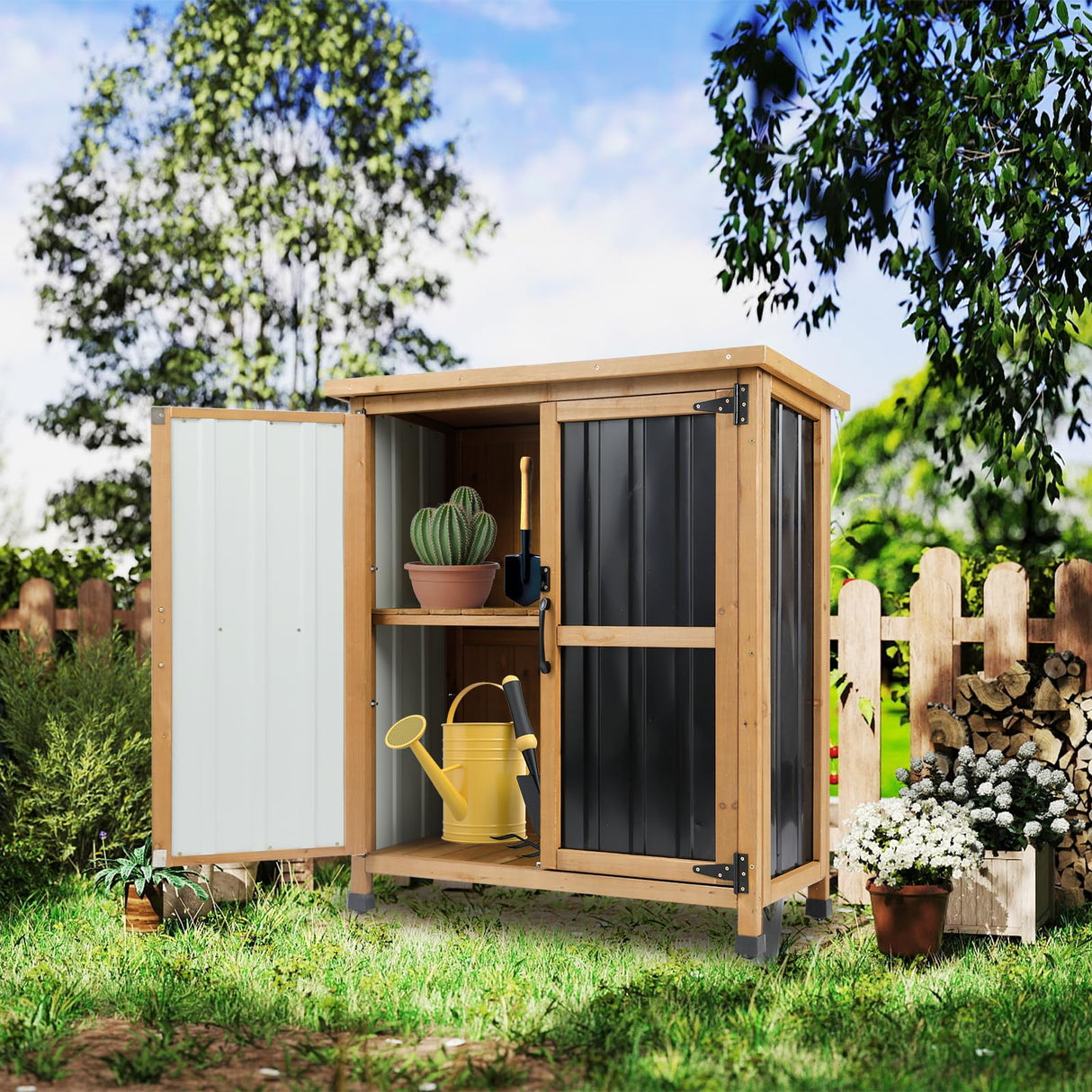 Ketive Outdoor Storage Cabinet, Wood & Metal Small Storage Shed with Weather-Resistant Asphalt Roof, Double Lockable Doors & Removable Shelves for Porch, Patio, Garden, Backyard, 32" x 13" x 40" ketive